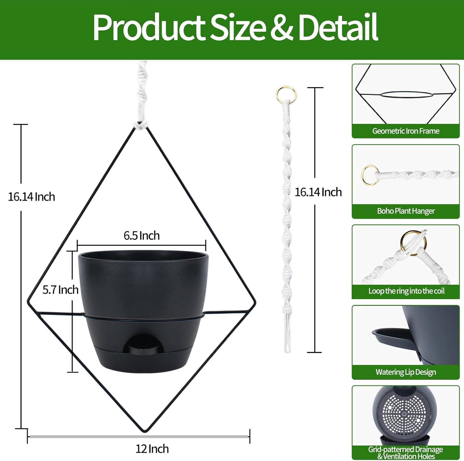 Koalaime Hanging Planters for Indoor Plants, 2 Set Self Watering Hanging Flower Pots, Modern Hanging Plant Baskets with Metal Plant Holder & 6.5 Inch Plastic Pots for Garden Home Decor (Black)