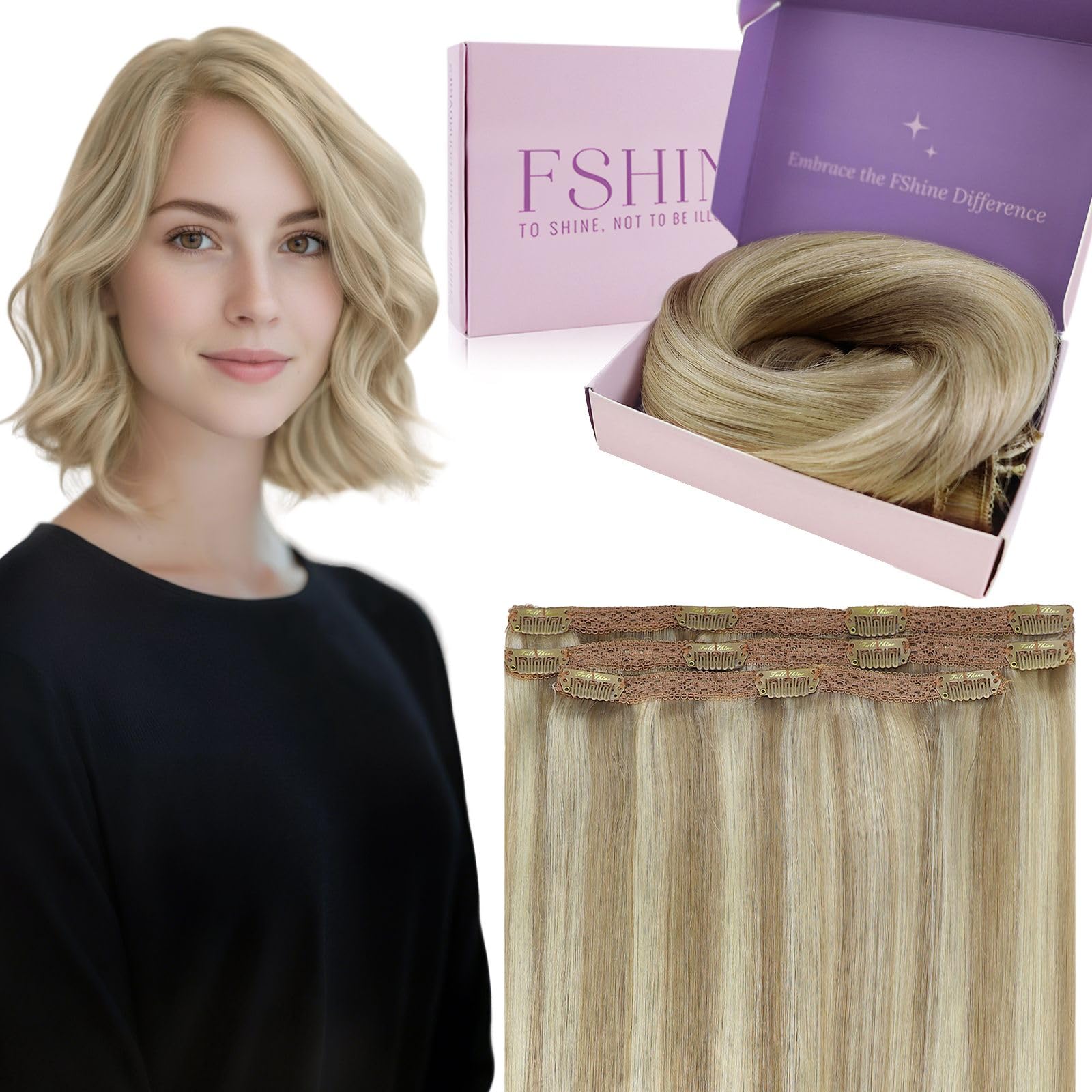Fshine Clip Extensiones Humano 22 Pulgadas 55CM 120g Extensiones de Pelo Rubio Blanco Remy Hair Clip in Extensiones 7 Piezas Color 60 Extensiones de Cabello Natural Color 60 — view 47