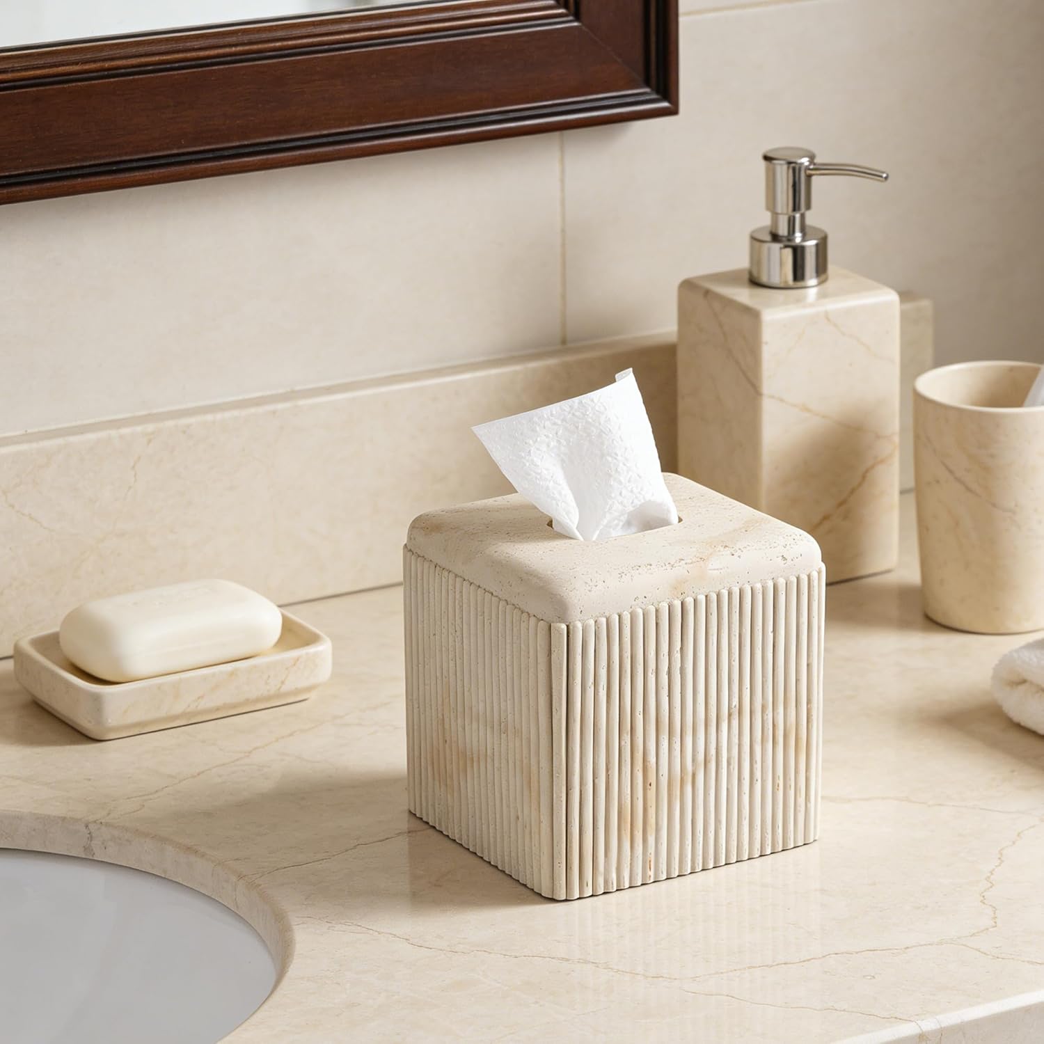 Natural Travertine Texture Striped Square Tissue Box Cover Decorative,Resin Heavy Sturdy Tissue Box Holder, Facial Paper Holder for Bathroom Vanity Countertop, Bedroom Night Stand,Office and End Table