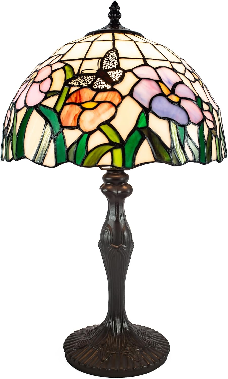 Dale Tiffany Traditional Tiffany Style Table Lamp 19.5" Tall Pazio Floral Butterfly Antique Bronze Finish Base Handcrafted Art Glass Shade for Home Décor, Living Room, Bed Room and Office