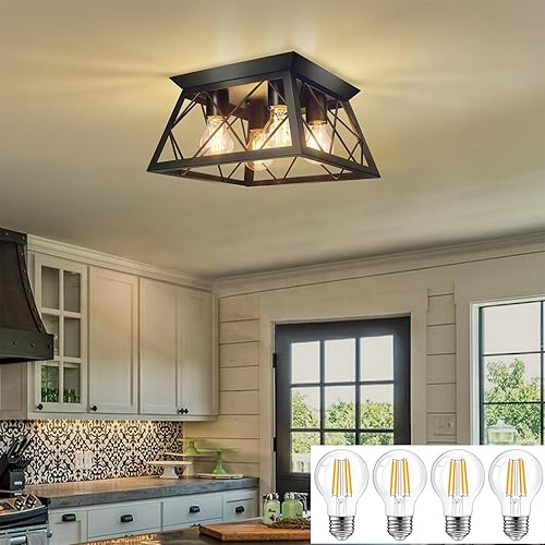 FadimiKoo 4-Light Black Flush Mount Ceiling Light for Kitchen Hallway, Industrial Close to Ceiling Lighting, Farmhouse Square Cage Ceiling Lamp for Dining Room, Living Room, Included Light Bulbs