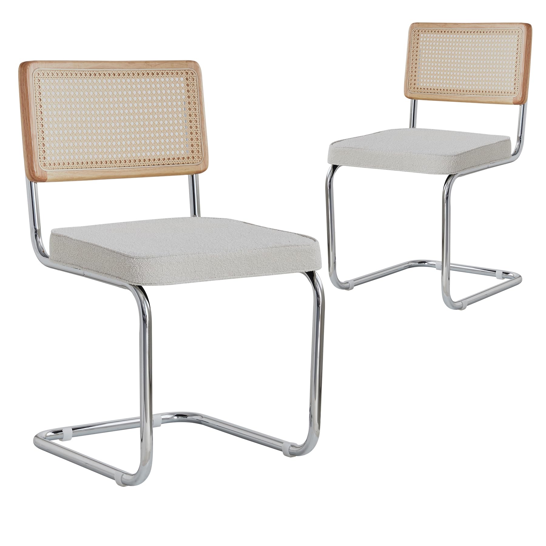 GrandCA HOME Pack de 2 Sillas de Comedor con Respaldo de Caña Natural y Base Cromada de Acero Inoxidable, Sillas de Cocina Tapizadas de Ratán,Blanco