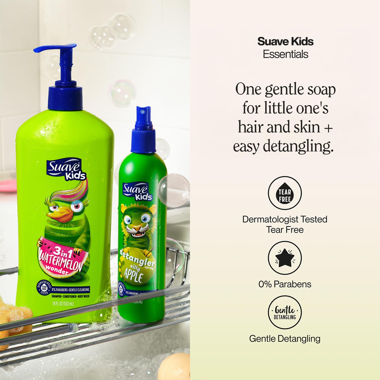 Suave Kids Shampoo & Conditioner 3-in-1, Watermelon Wonder 2-Pack + Detangler Spray for Kids, Silly Apple, Dermatologist-Tested & Tear Free