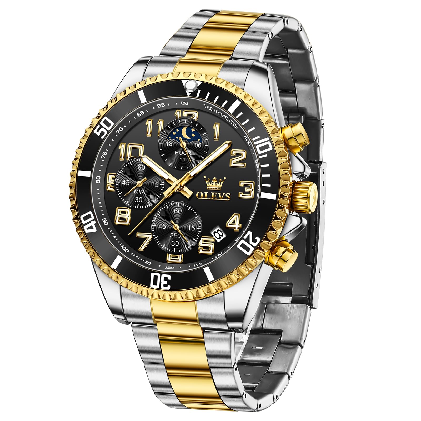 OLEVS Groß Uhr Herren Wasserdicht Leuchtend Edelstahl Mondphase Armbanduhr Herren Analog Chronograph Herrenuhren Arabische Ziffern mit Datum