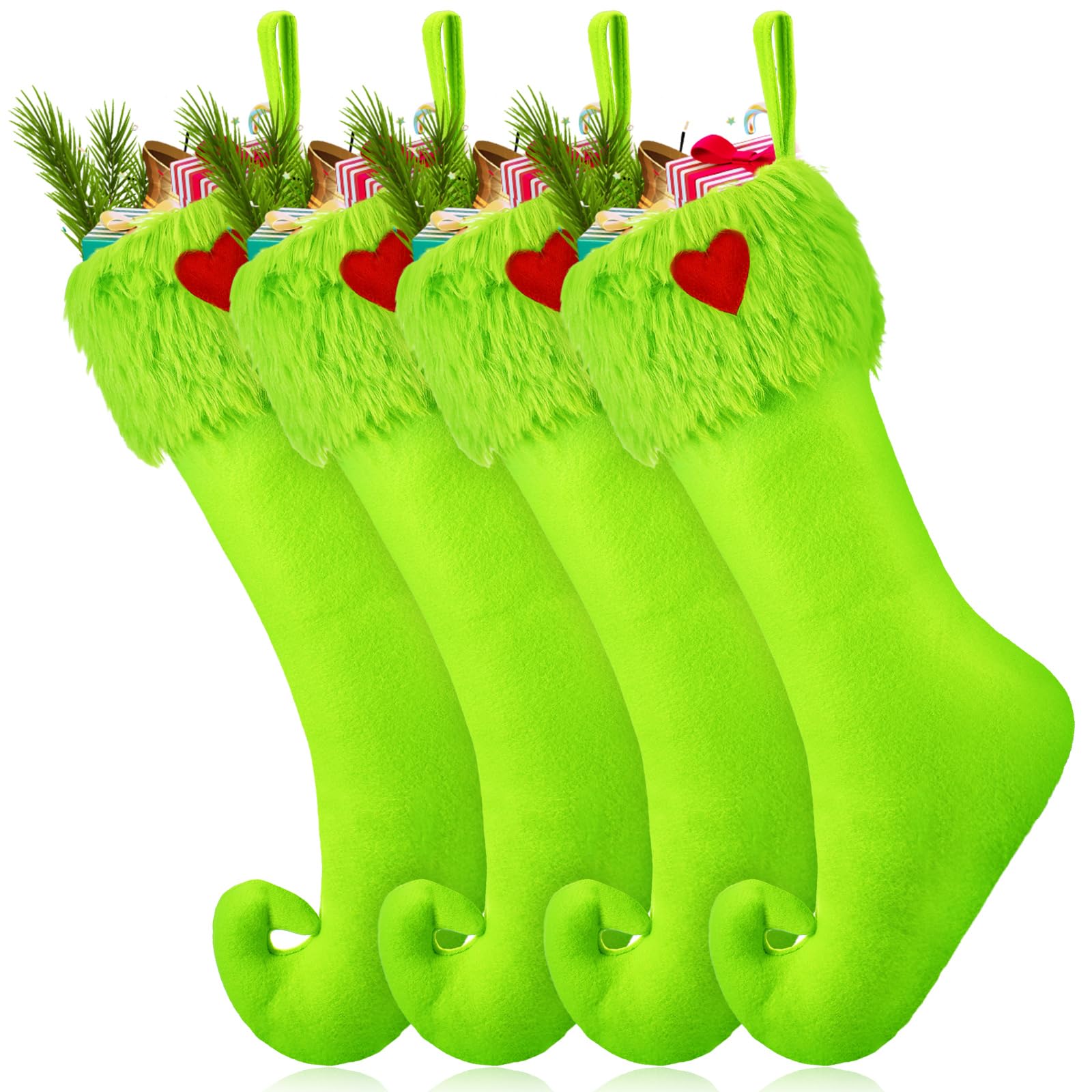Coume Lot de 4 bas de Noël en fausse fourrure verte de 48,3 cm à suspendre pour sac à friandises, pochette à bonbons, cheminée, décoration à suspendre pour Noël, vacances, fête de famille