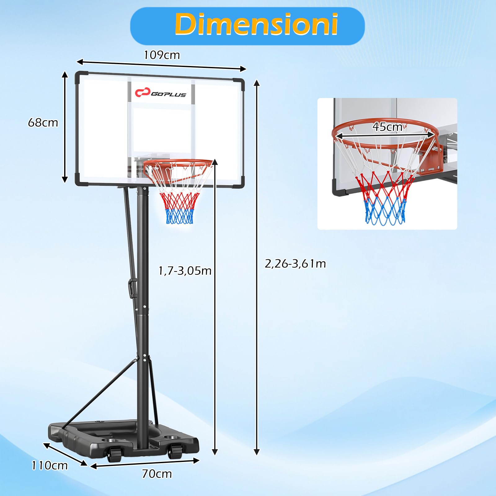 COSTWAY Canasta de Baloncesto, Altura Ajustable de 10 Niveles, 170 a 305 cm, Base Rellenable y Ruedas, Canasta de Baloncesto Niños Adultos Interior Exterior