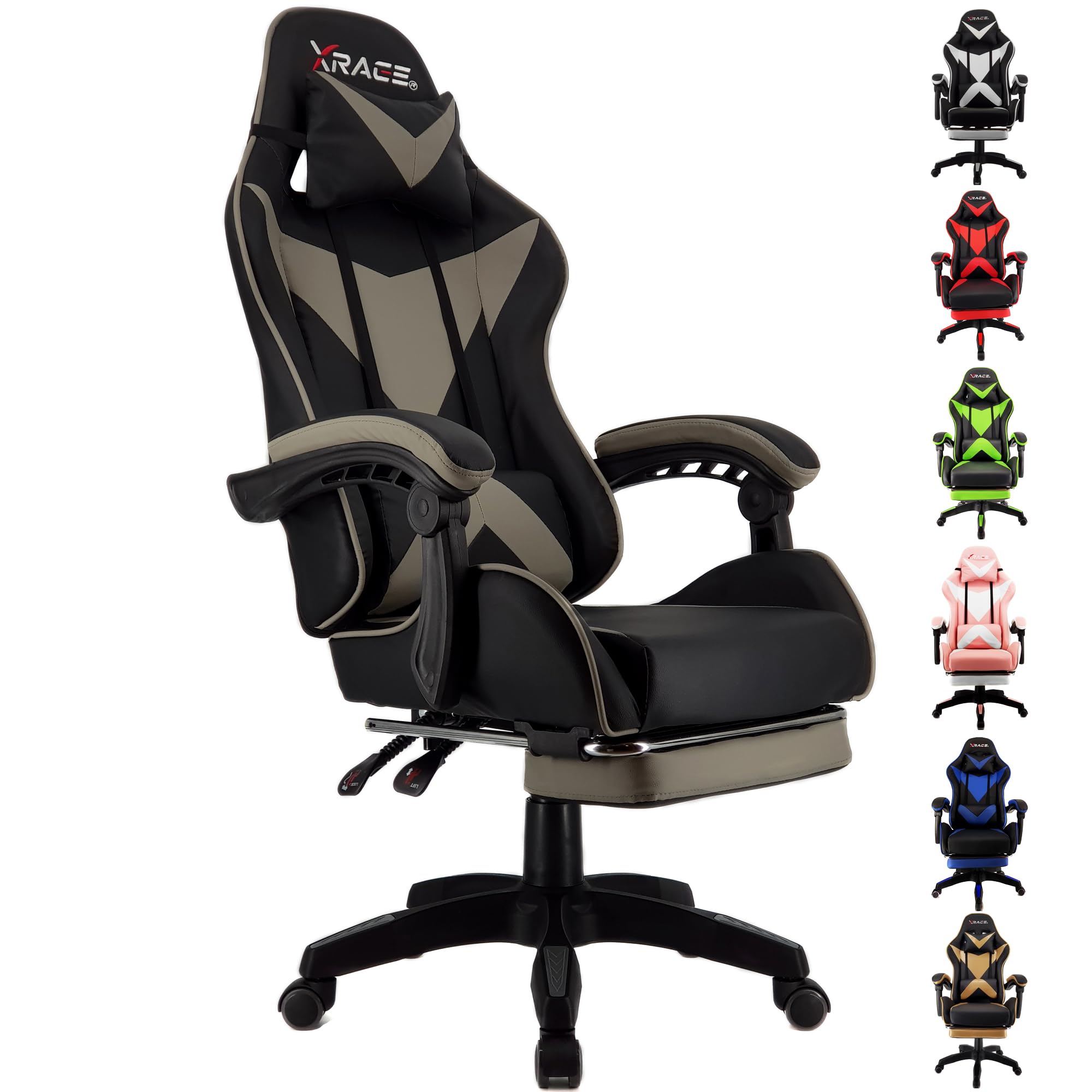 xRace Gaming Stuhl, Bürostuhl, Ergonomischer Pc Stuhl, aus Leder mit Lendenwirbelstütze, Verstellbarer Drehbarer, Task Stühle mit Fußstütze und Kopfstütze