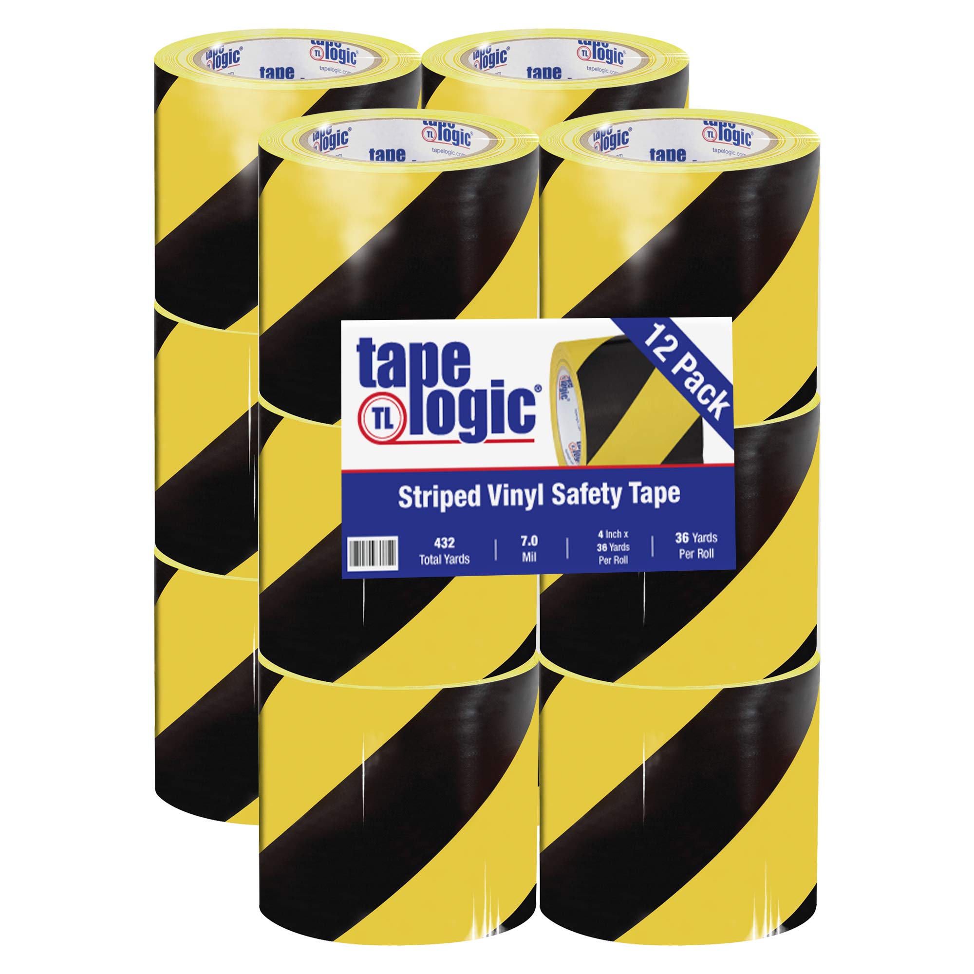 Aviditi Tape Logic Multipurpose Striped Vinyl Safety Tape, (Bulk Pack of 12) 4 Inch x 36 Yards, Black/Yellow, Heavy-Duty 7 Mil Thick - Moisture/Grease Resistant, Floor Marking and Social Distancing