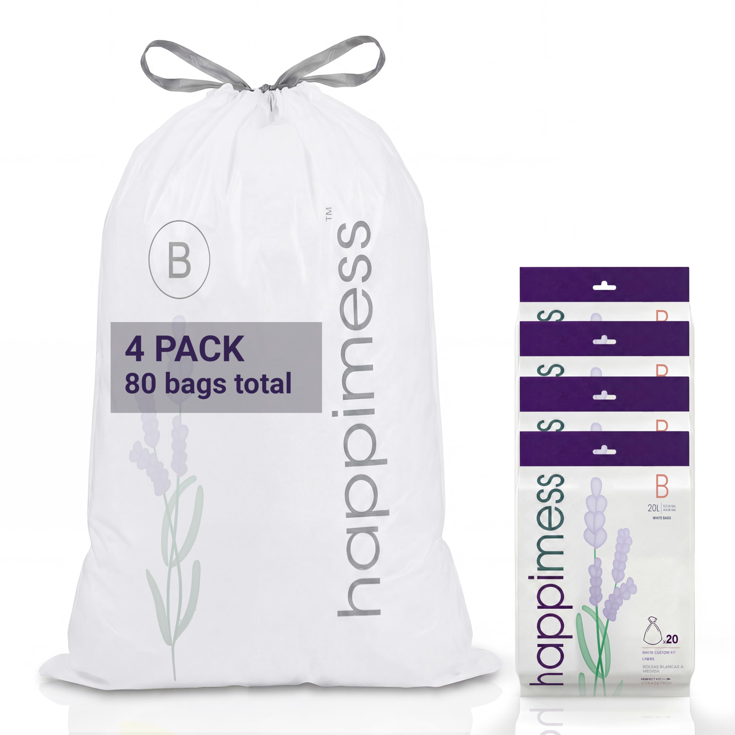 happimess White (Lavender Scented) / 80 Count (Pack of 1) / 5.3 gallons Trash Bags
