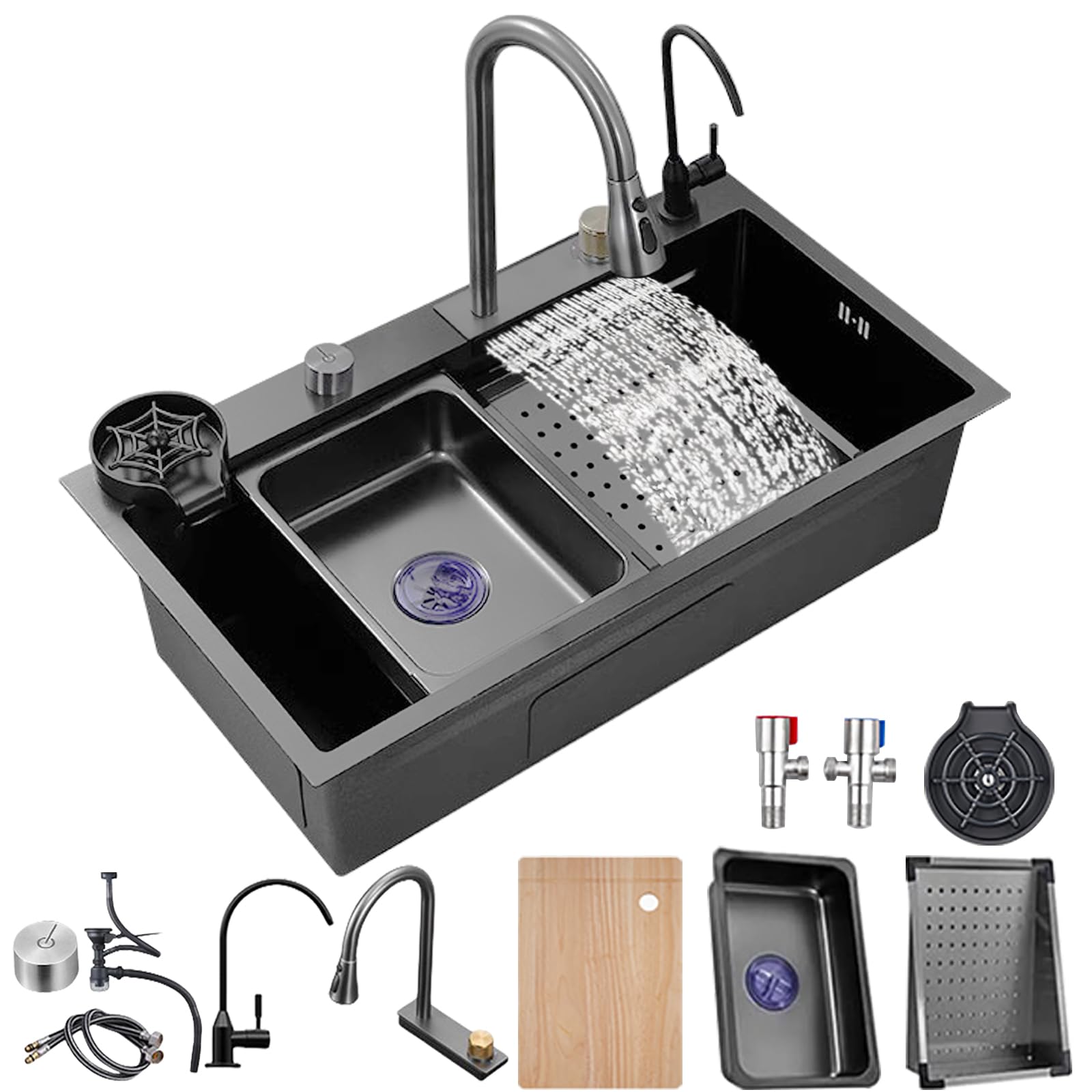 Évier de cuisine noir 68x45cm en acier inoxydable 304 complet avec robinet mitigeur