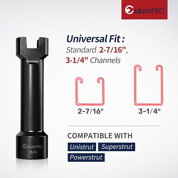 3/4 (19mm) Strut Channel Socket, 1/2 Drive Impact Socket for 1-5/8, 2-7/16 & 3-1/4 Deep Unistrut Channels, Heavy-Duty Cr-Mo Steel, 4-1/4 Length, Black Phosphate Finish