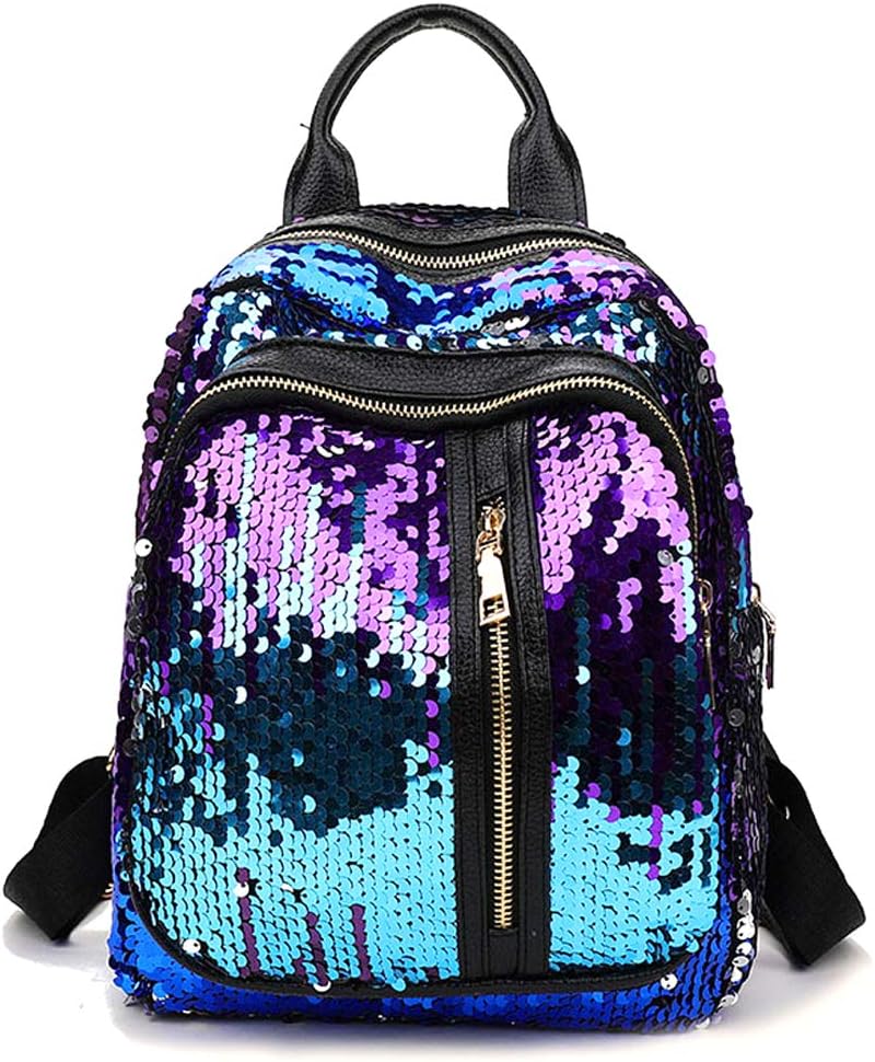 Chiclinco Mini Sparklely Mermaid Sequin Backpack Rucksack Schoolbag for Women Teenage Girls (Purple & Blue)