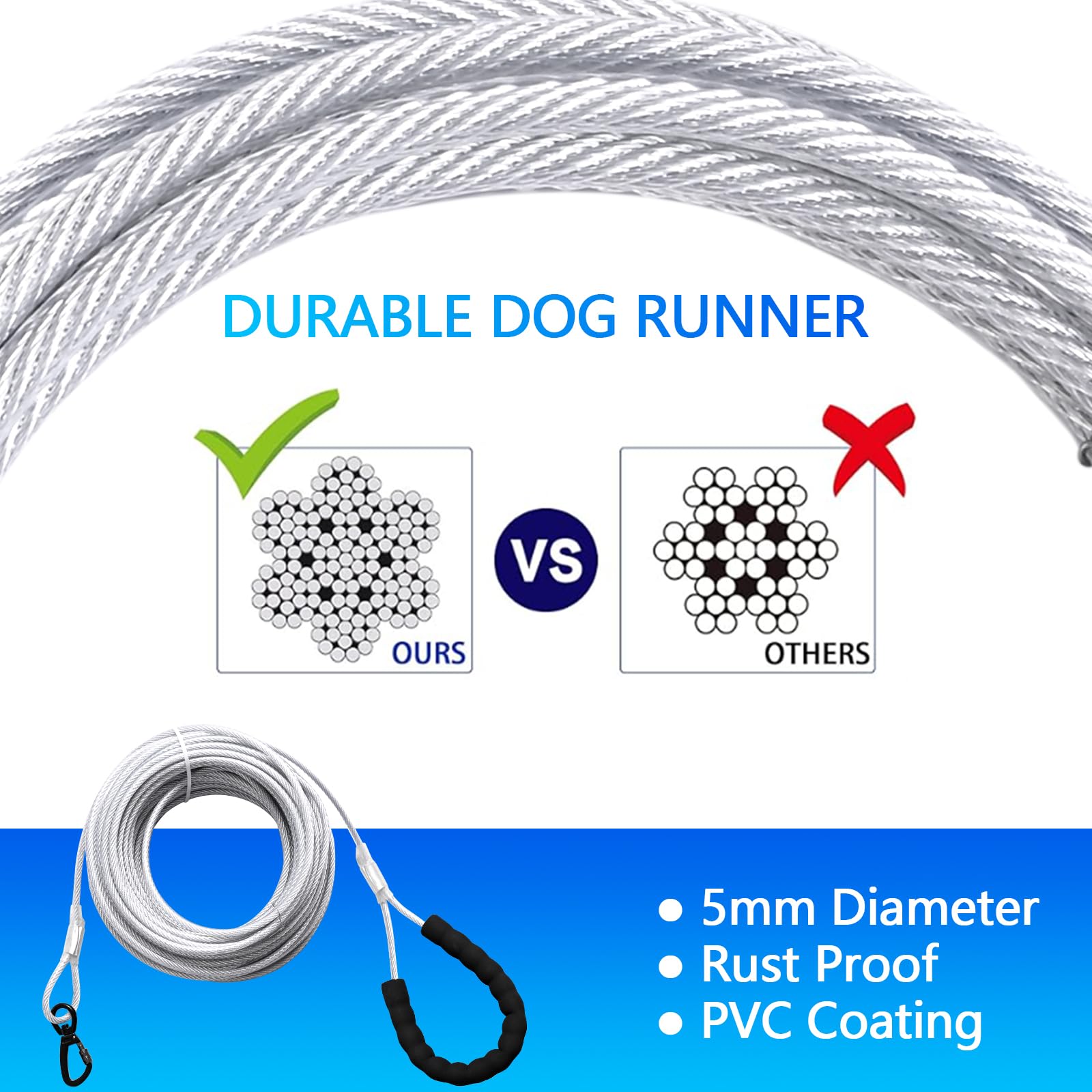 Sistema di Cavi per Cani 3in1, 50/100ft in Metallo Con Gancio Girevole a 360°, Guinzaglio da Corsa per Addestramento in Campeggio 250lbf/15m+3m/Argento