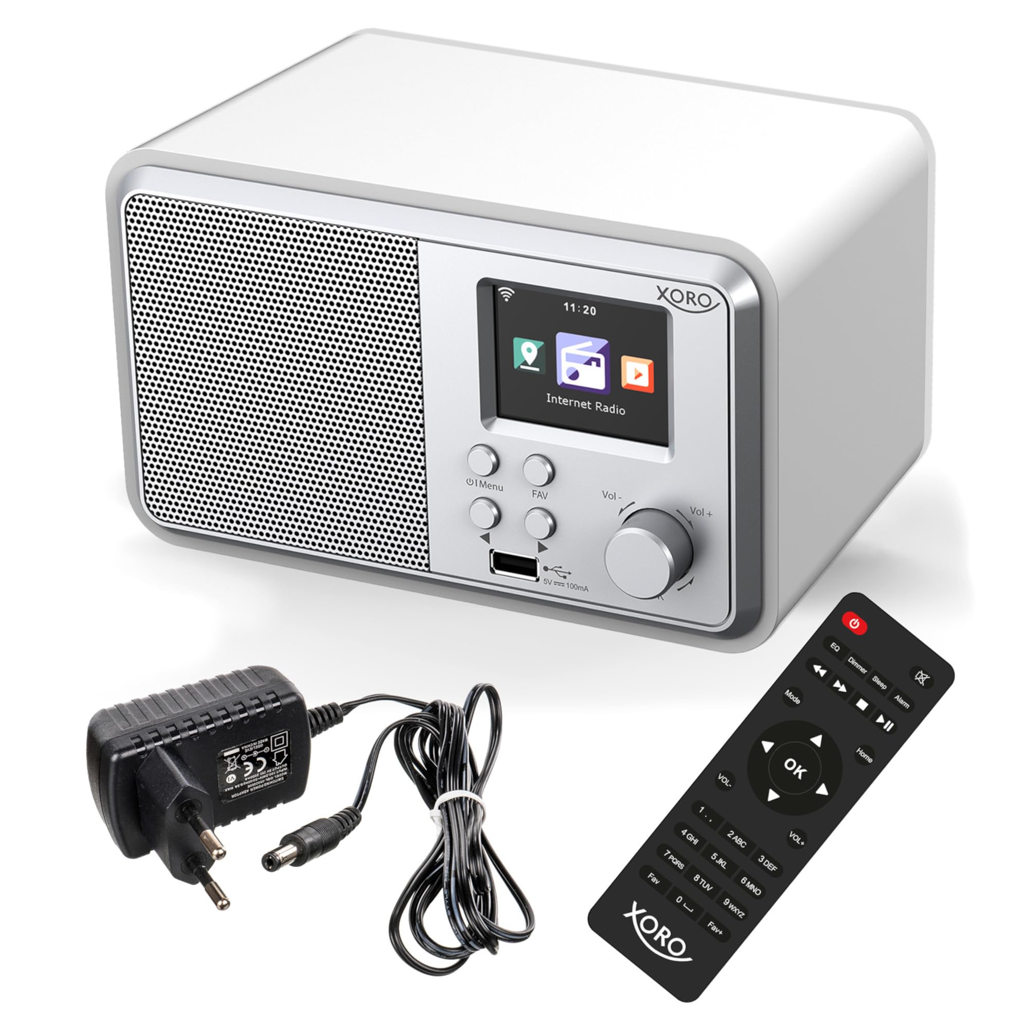 Cyfrowe radio internetowe Wi-Fi XORO DAB 300 IR z kolorowym wyświetlaczem 2,4", podcast, Bluetooth 5.2, FM/DAB+, budzik, białe