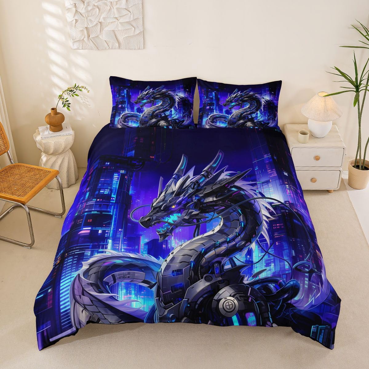 Manfei Mechanical Dragon Duvet Cover Set Queen Size Cool Stylish Bedding Set for Kids Boys Men Room Decor Modern Building Neon Light 3Pcs(1 Comforter Cover & 2 Pillowcases,No Core) Blue Silver-Gray
