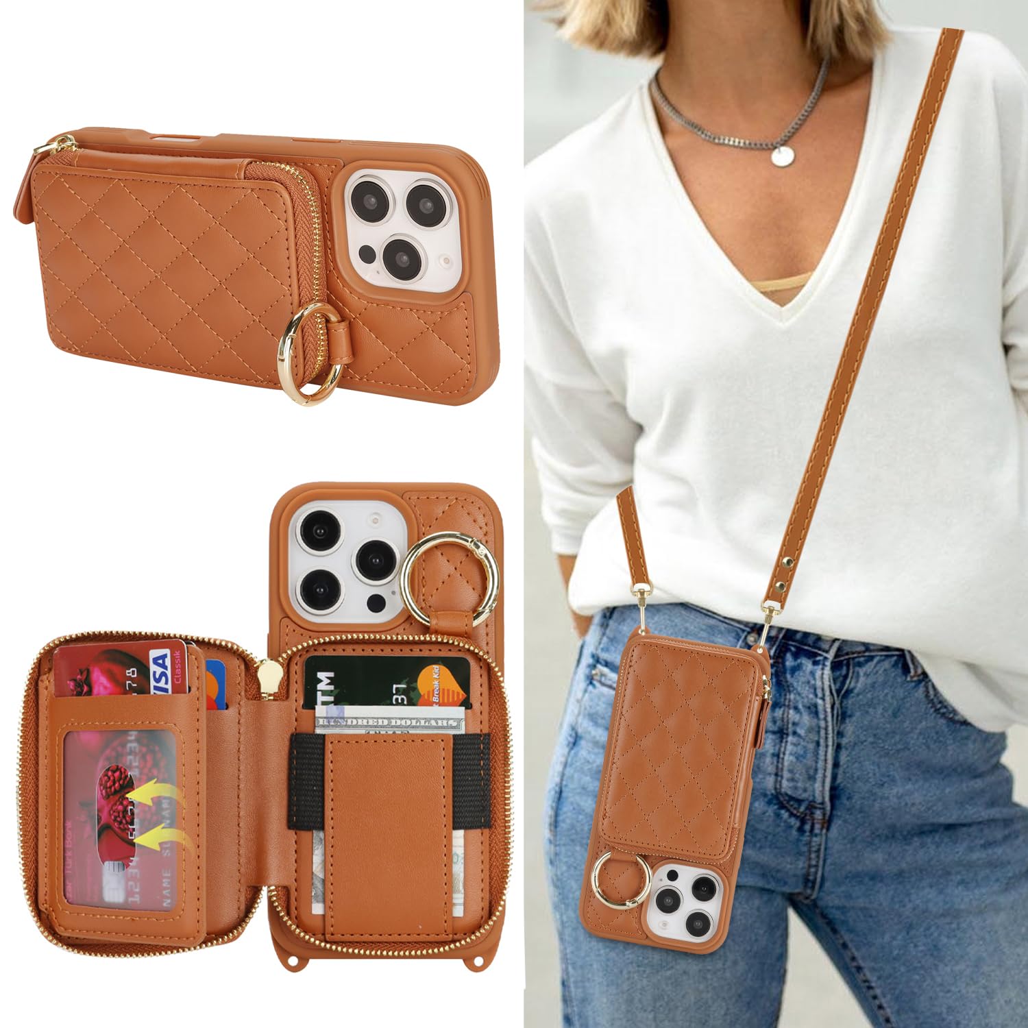 Crossbody Wallet Case for iPhone 16 Pro-Brown