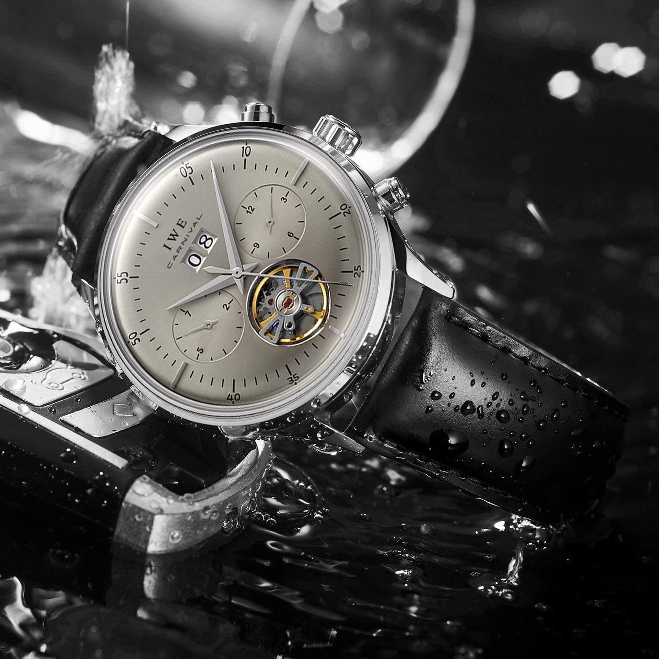 MASTOP Schweiz Herren Komplikationen Automatische Mechanische Uhr mit Lederband Business Edelstahl Kleid Armbanduhr Klassisch Kalender Datum Fenster 3ATM Wasserdicht