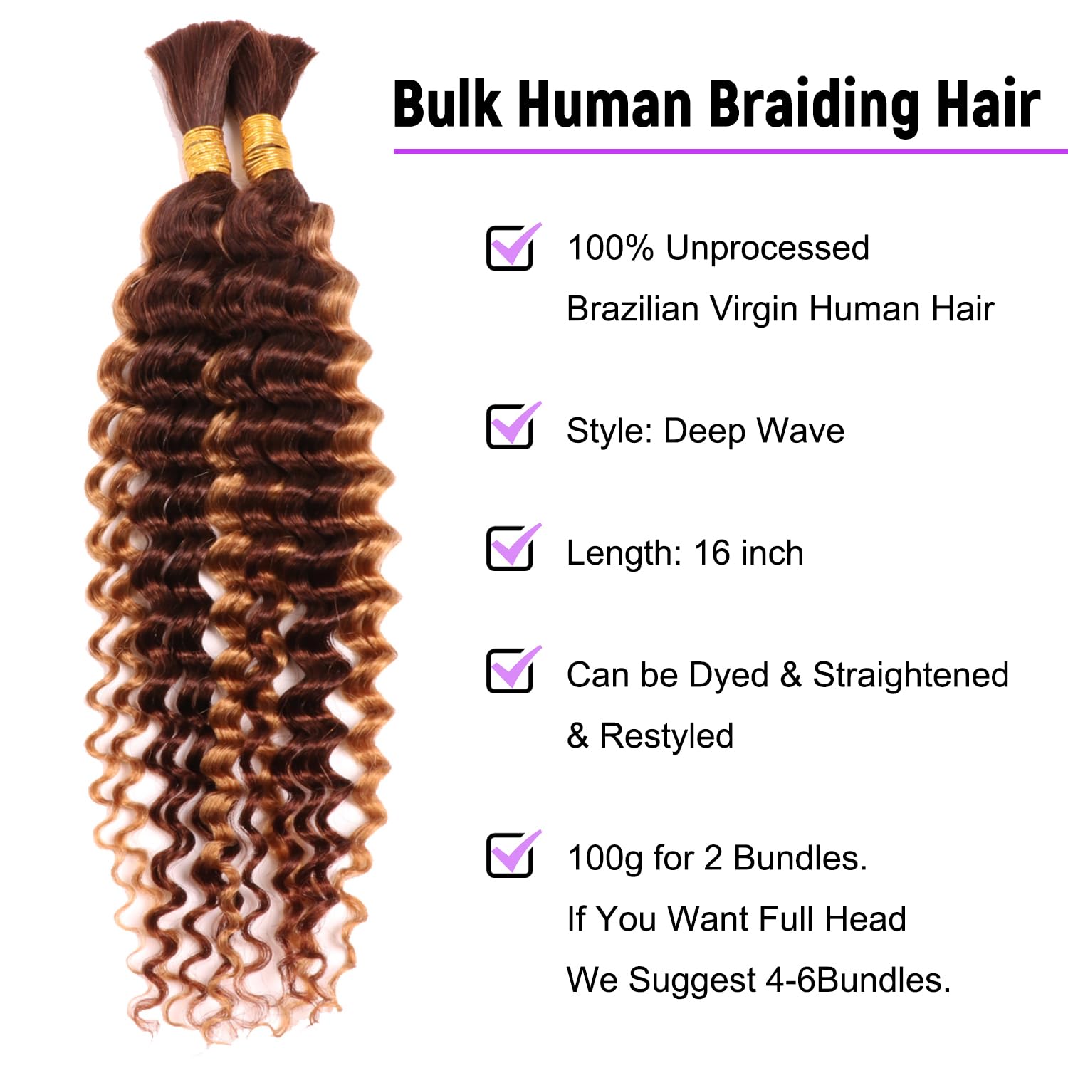 Deep Wave Bulk Human Hair for Braiding 10A Brazilian Curly Human Hair No Weft micro Human Braiding Hair for Boho Braids Virgin Hair Extension (P4/27# - Image 2