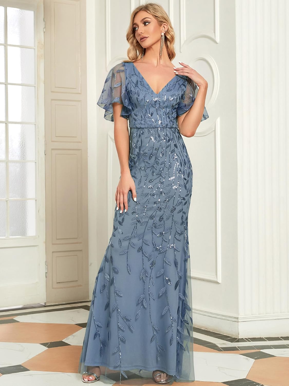 Ever-Pretty Women's Sequin Formal Dresses V-Neck Ruffles Sleeves Embroidery Mermaid Long Evening Prom Dress - Image 3