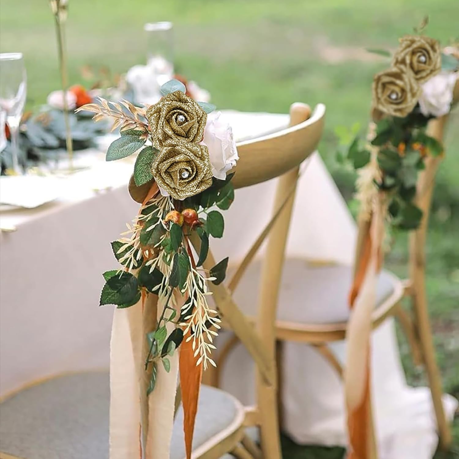 IPOPU Gold Roses,25PCS Glitter Roses Bouquet Gold Artificial Roses with Crystal for Christmas Wedding Bouquet Home Party Decoration(Gold) - Image 4