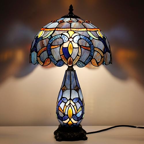 Miniatura 8 de Tiffany Lamp Stained Glass Table Lamp 12X19 Inches Mother Daughter Vase Desk Accent Night Light for Bedroom Bedside Reading Home Antique Style (Blue