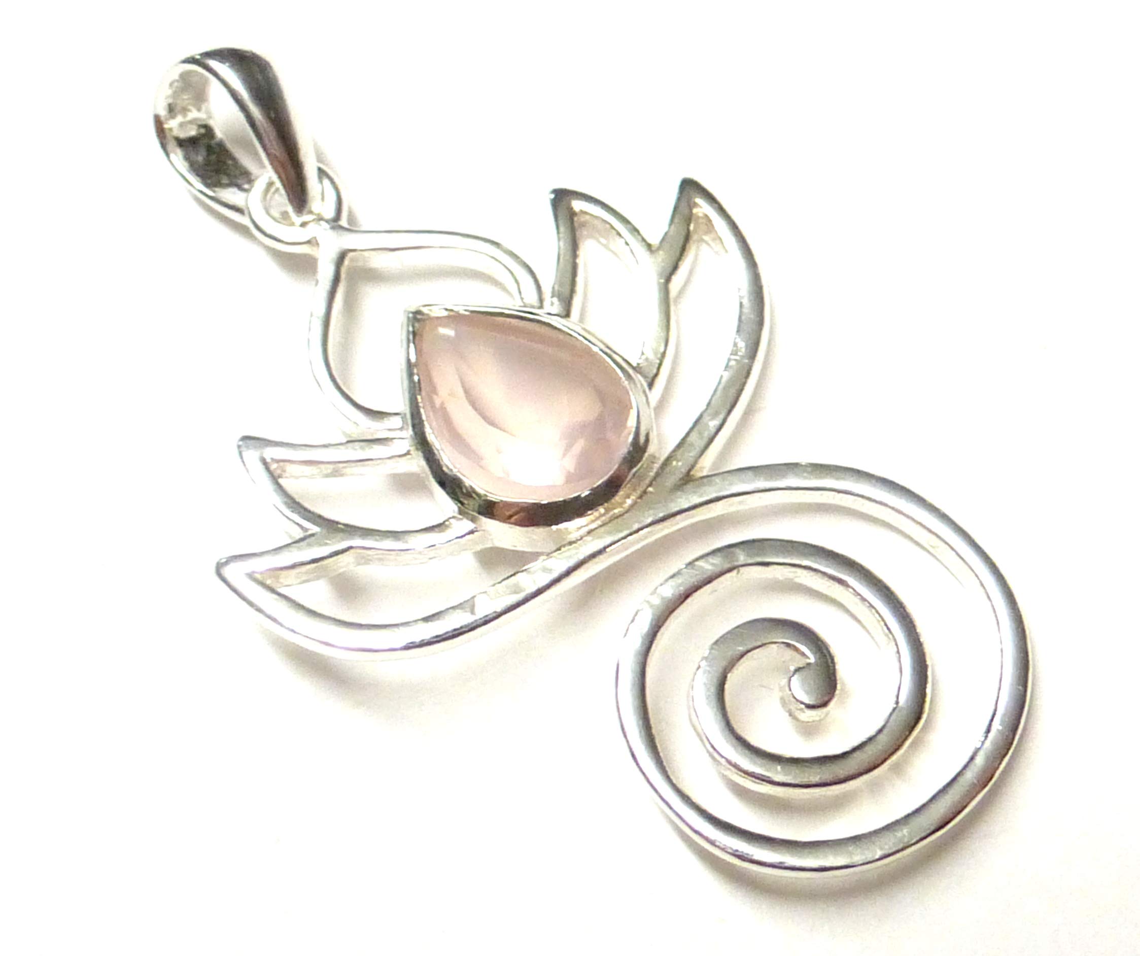 Silberschmuck - BGPendant Silver Lotus Design with Real Rose Quartz Made of Sterling Silver Jewellery Women's Friendship Symbol, Sterling Silver
