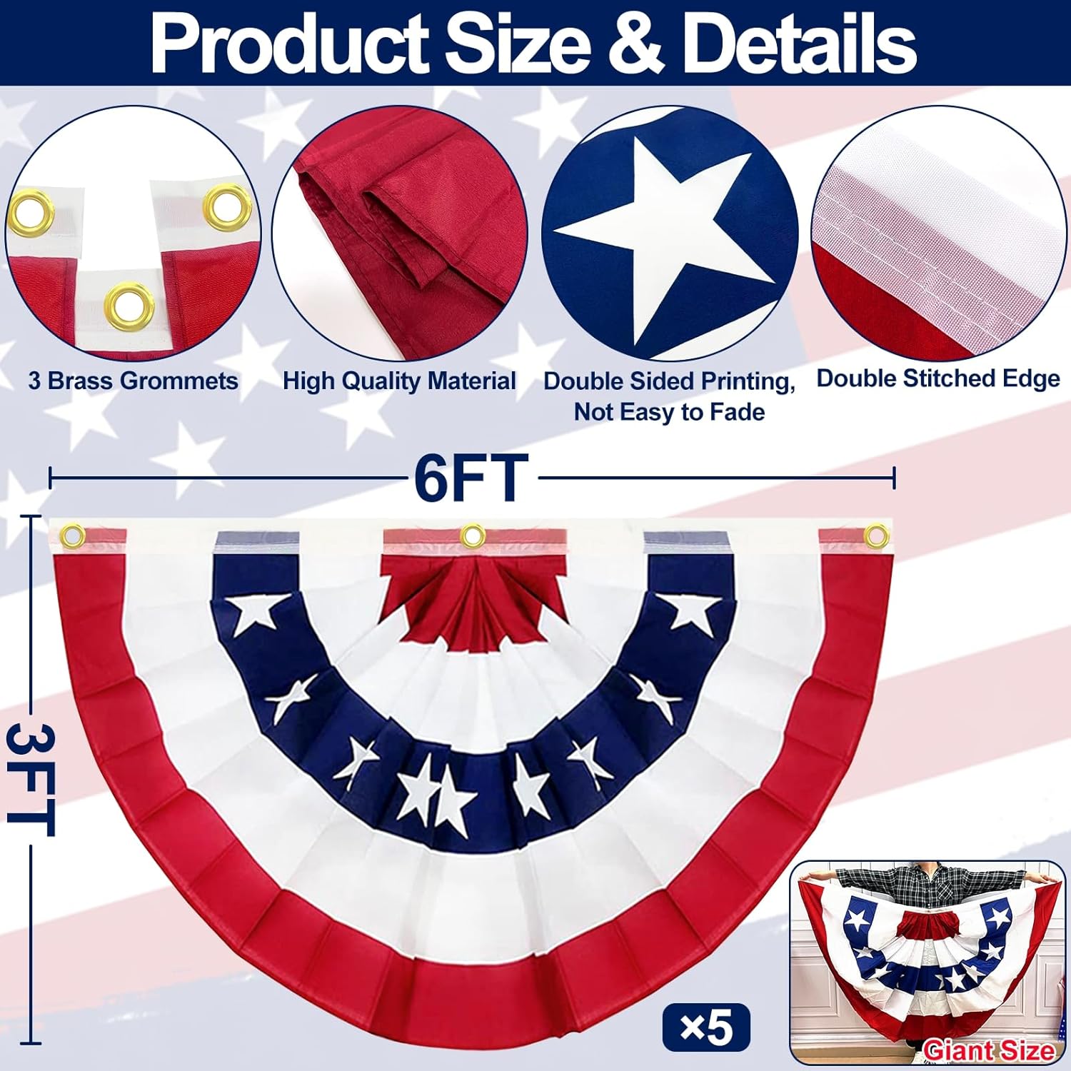 5 Pack 3x6 Feet 250th Anniversary Large American Flags Patriotic Bunting Stars Stripes 4th of July Pleated Fan USA Flag Banners Red White Blue Decorations for Outdoor Porch,Memorial Day,Independence Day