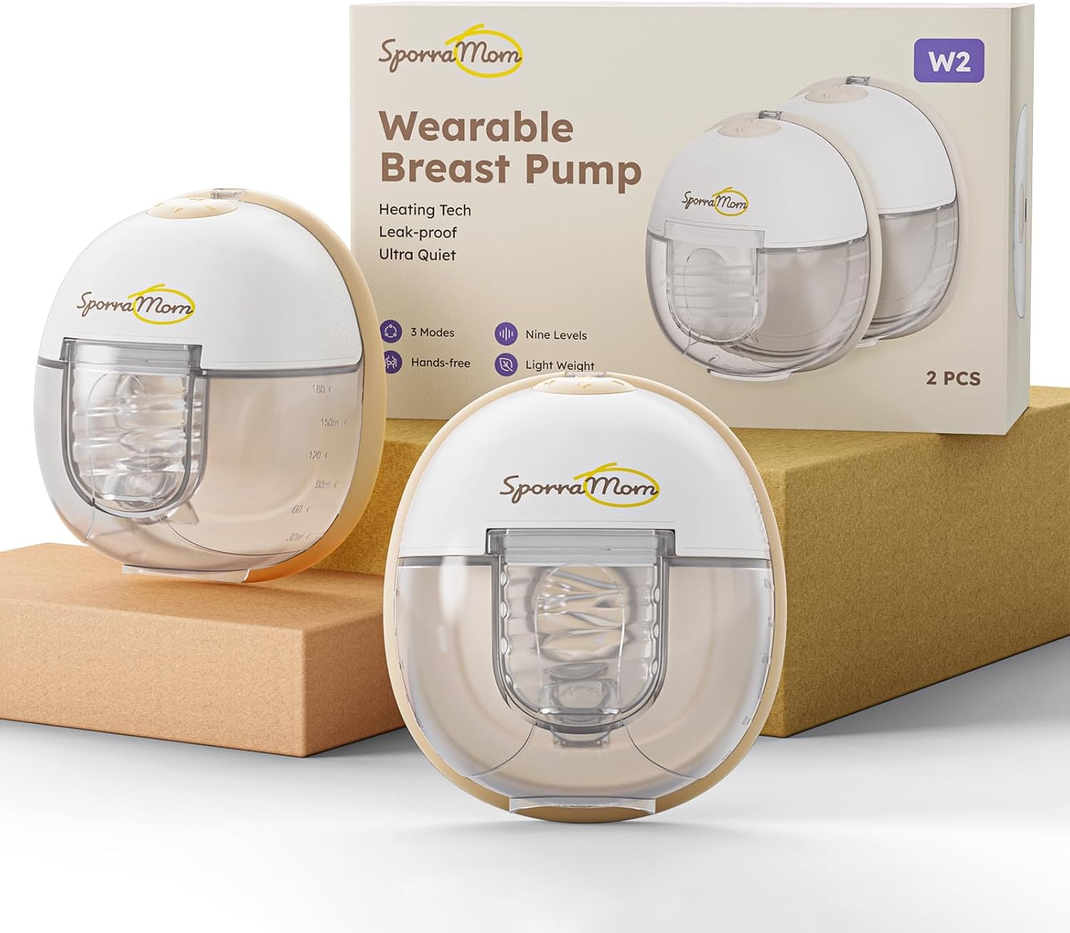 W2 Hands Free Heated Breast Pump, Electric Portable Wearable Breastfeeding Pump, Comfort 2 Modes & 9 Levels Hospital Grade Suction for More Milk, Leakproof, Ultra-Slim and Quiet, 24mm-2 Pack