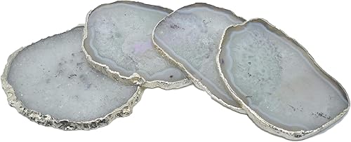 Nature's Decorations - Posavasos de ágata negra gris con borde plateado, juego de 4 posavasos antideslizantes hechos con piedra - Posavasos de forma