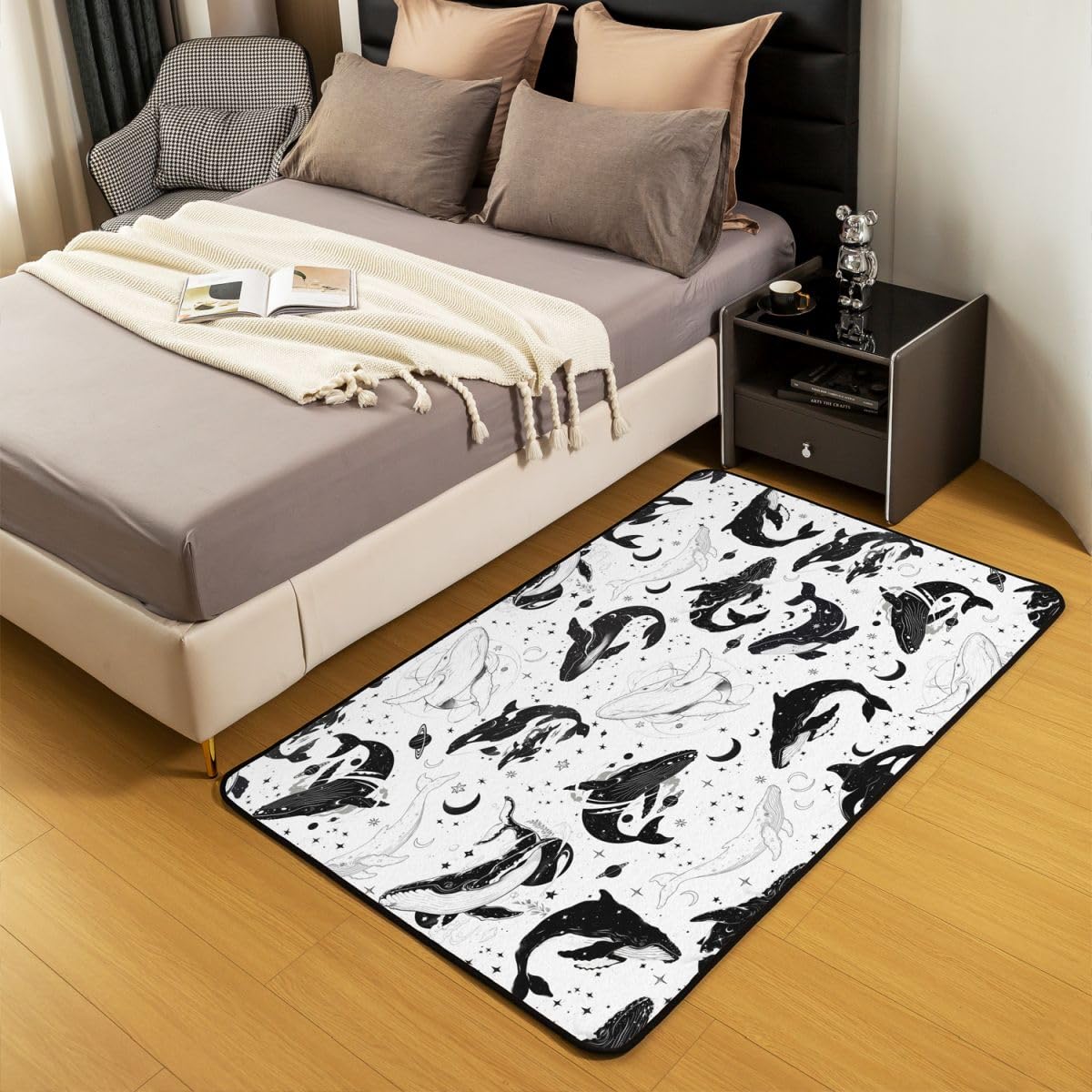 Manfei Wal Bereich Teppiche,Boho Sterne Mond Rutschfester Teppich Hand gezeichnet Sealife Indoor Fußbodenmatte Home Wohnzimmer Dekor,100 x 150 cm