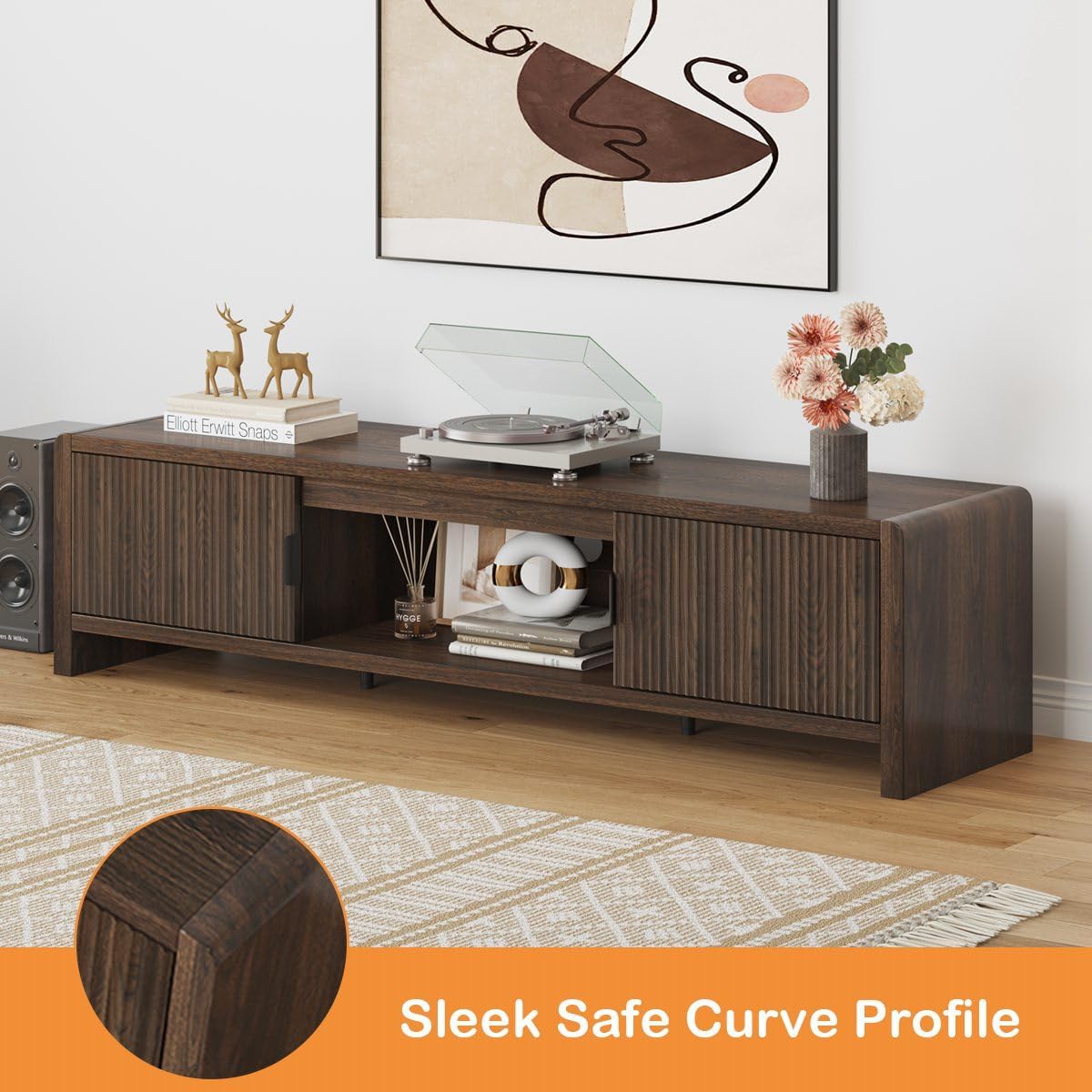 FATORRI TV Stand with 2 Doors and 5 Cube Bookshelf for Living Room Bedroom (Dark Walnut)