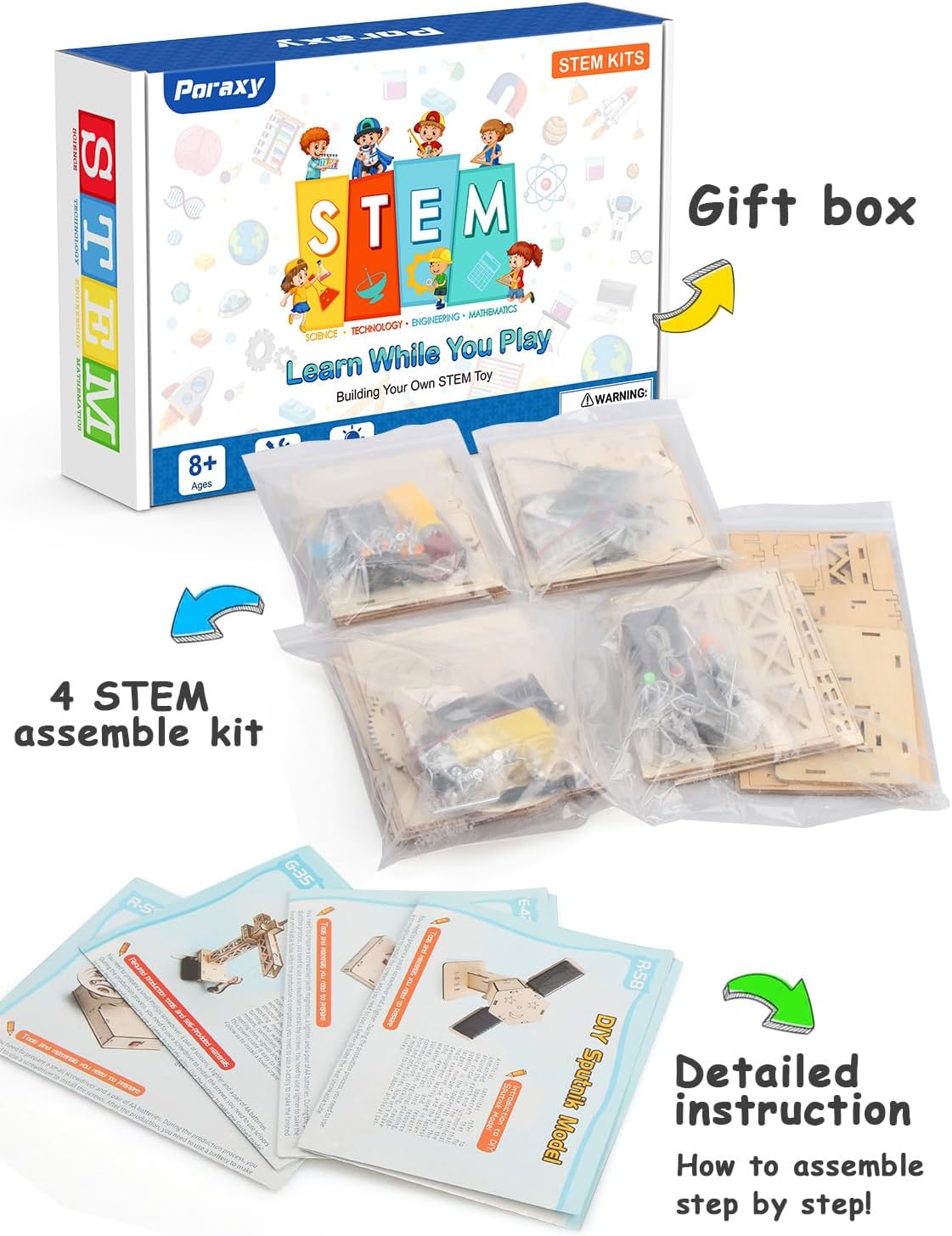 Poraxy 4 in 1 STEM Kits, STEM Projects for Kids Ages 8-12, Assembly 3D Wooden Puzzles, Building Toys, Educational Science Craft Model Kit, Gift for Boys and Girls 8 9 10 11 12 Years Old, Marble Run