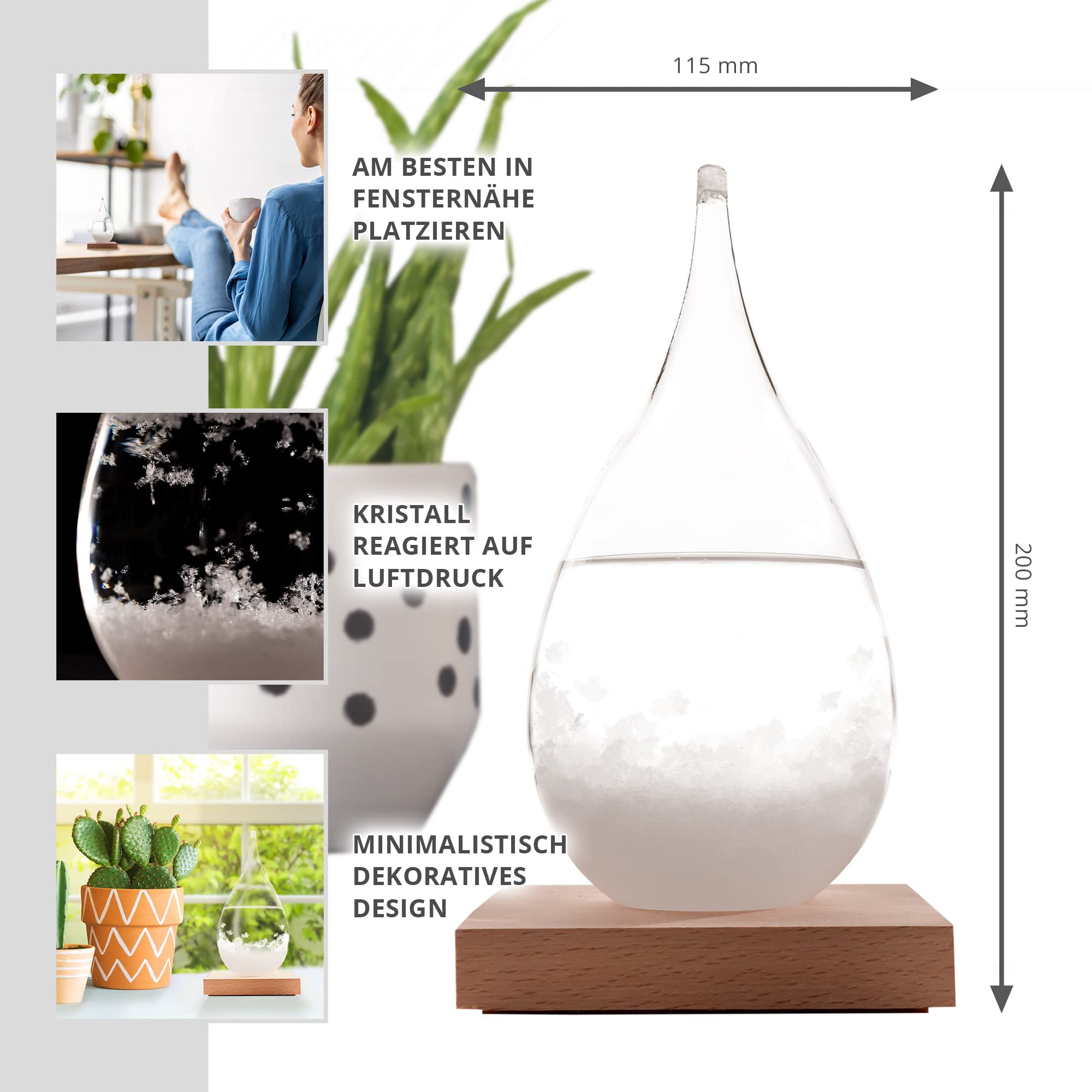 Wetterstation in Tropfenform: Sturmglas zur Wettervorhersage, Wetterglas mit Wasser Kristallen, Innen Barometer zur Wetterprognose, Weather Station aus Glas, Glastropfen mit Holzsockel