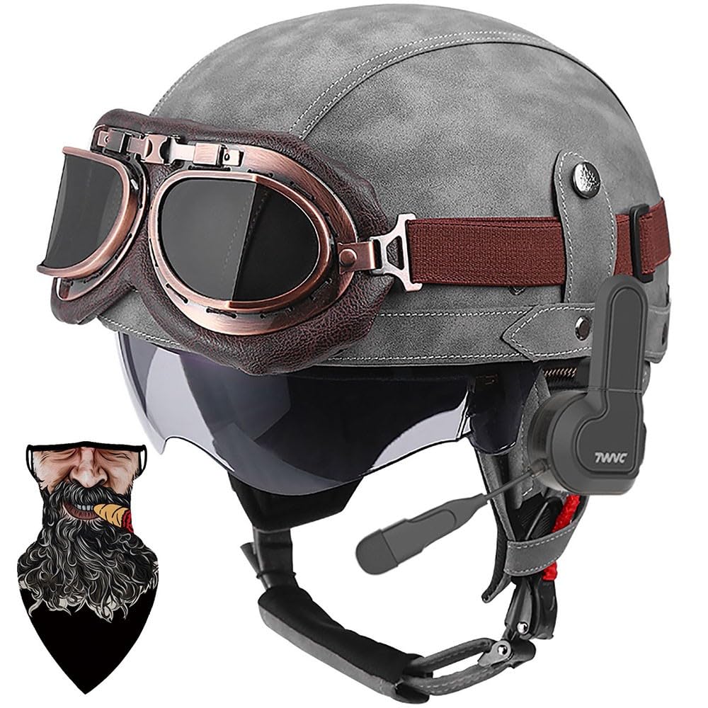 Bluetooth German Style Leather Motorcycle Half Face Helmet, DOT Approved Retro Open Face Helmet with Goggles Street Motorcycle Half Helmet for Cruiser Scooter Touring, Pilot Helmet