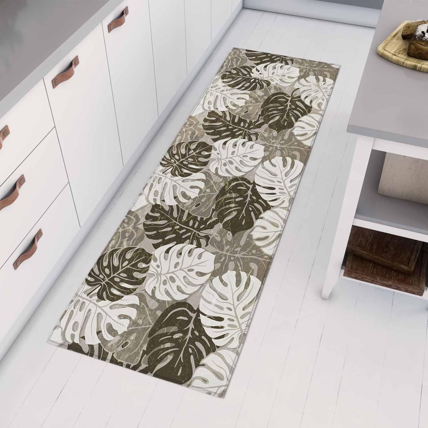 Teamery Kitchen Mats for Floor Summer Monstera Leaf Brown Washable Non Slip Kitchen Rugs 1PCS, Abstract Country Botanical Absorbent Standing Mats for Sink Bathroom Office Living Room 23.6x70.9in