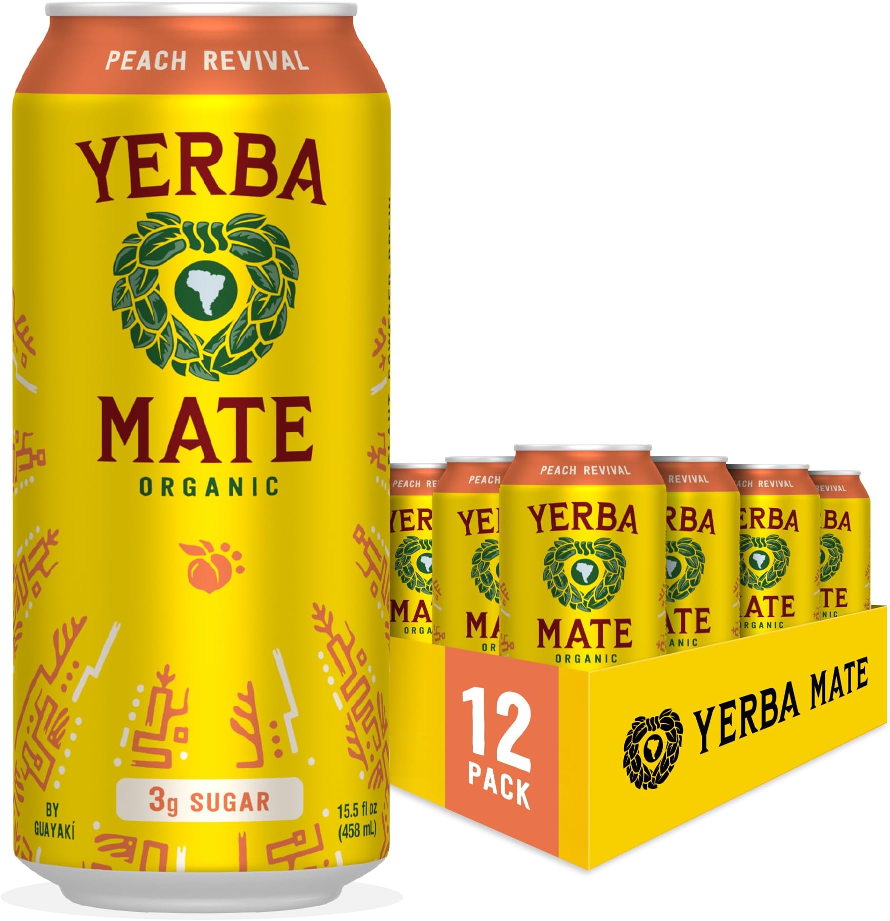 Guayaki Yerba Mate, Clean Energy Drink Alternative, Organic Peach Revival, 15.5oz (Pack of 12), 150mg Caffeine