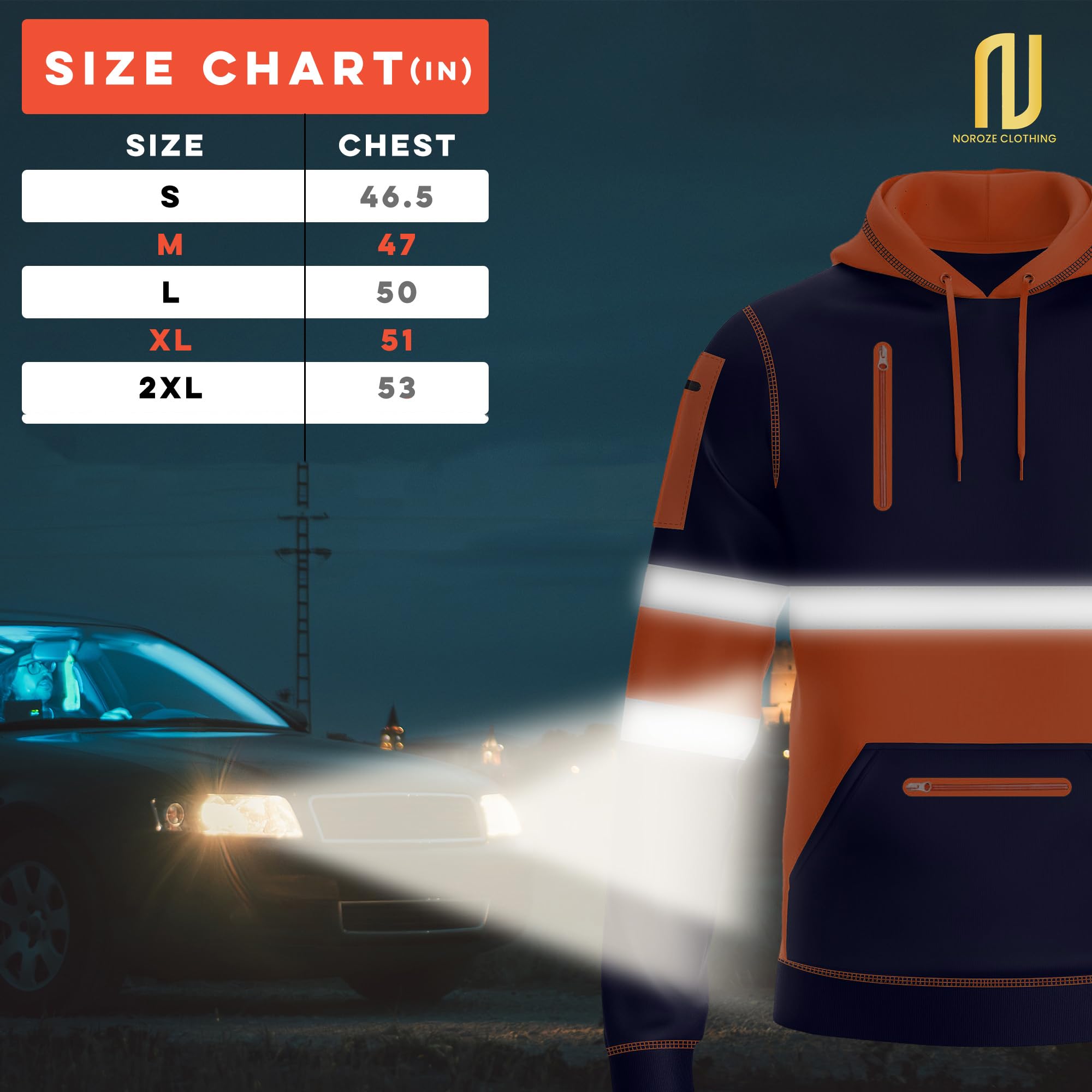 NOROZE Męska bluza z kapturem Hi-Viz szara taśma odblaskowa płaszcz bezpieczeństwa o wysokiej widoczności z 4 zamkiem błyskawicznym użytkowe kieszenie na telefon i gadżet bluza top kurtka rozmiar UK
