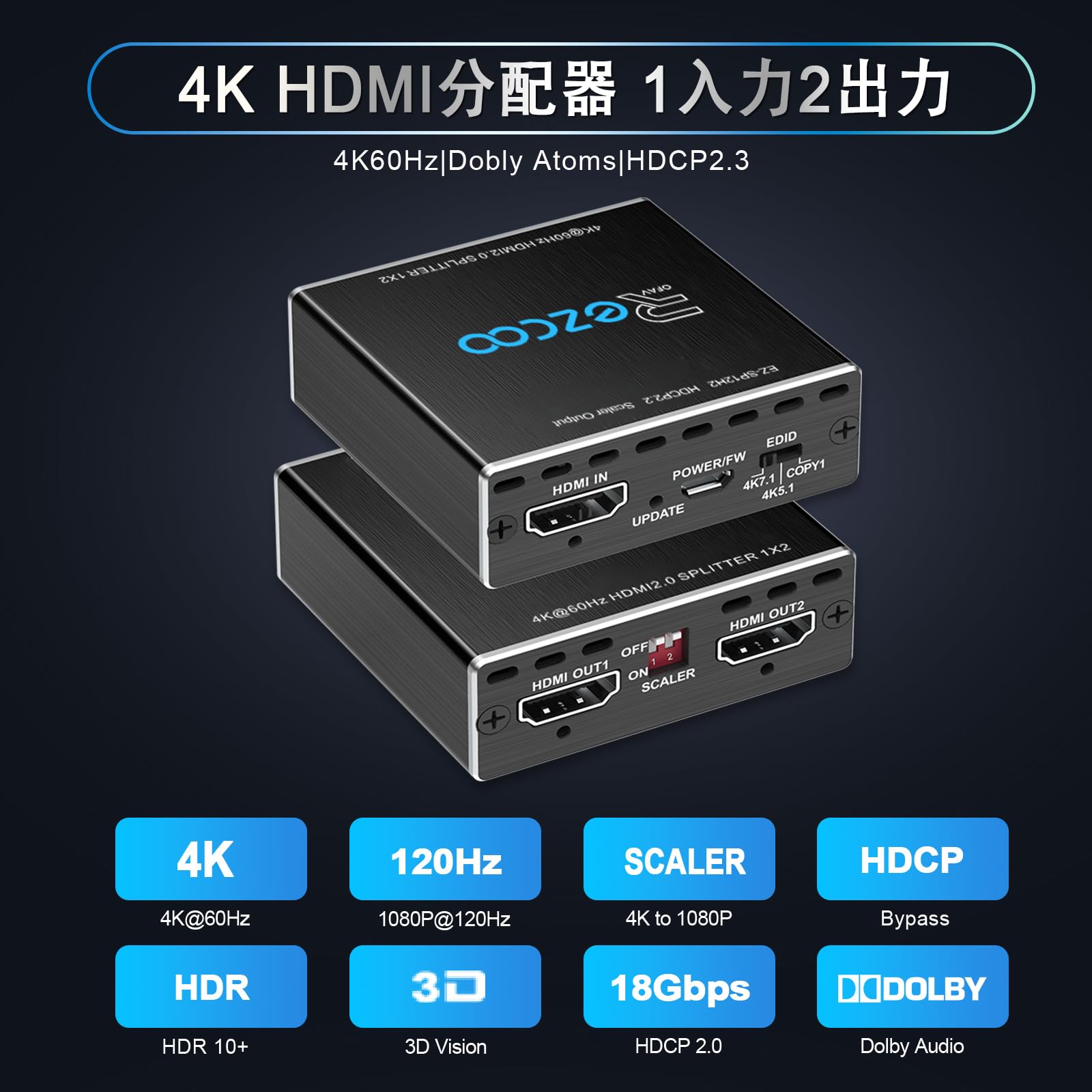 Amazon.co.jp: EZCOO HDMI Splitter 1x2 4K 60Hz 4:4:4 HDR