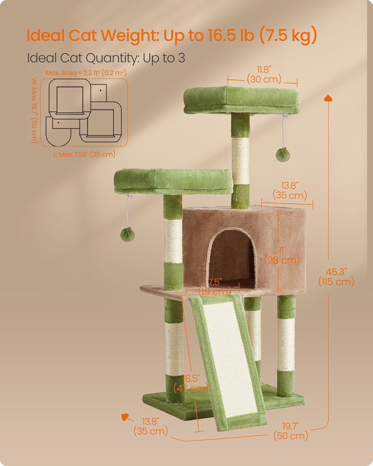 Feandrea Cat Tree, 45.3-Inch Cat Tower, Plush Condo with Scratching Post, Ramp, Perch, Spacious Cave, for Small Space, Grass Green and Camel Brown UPCT141CB03