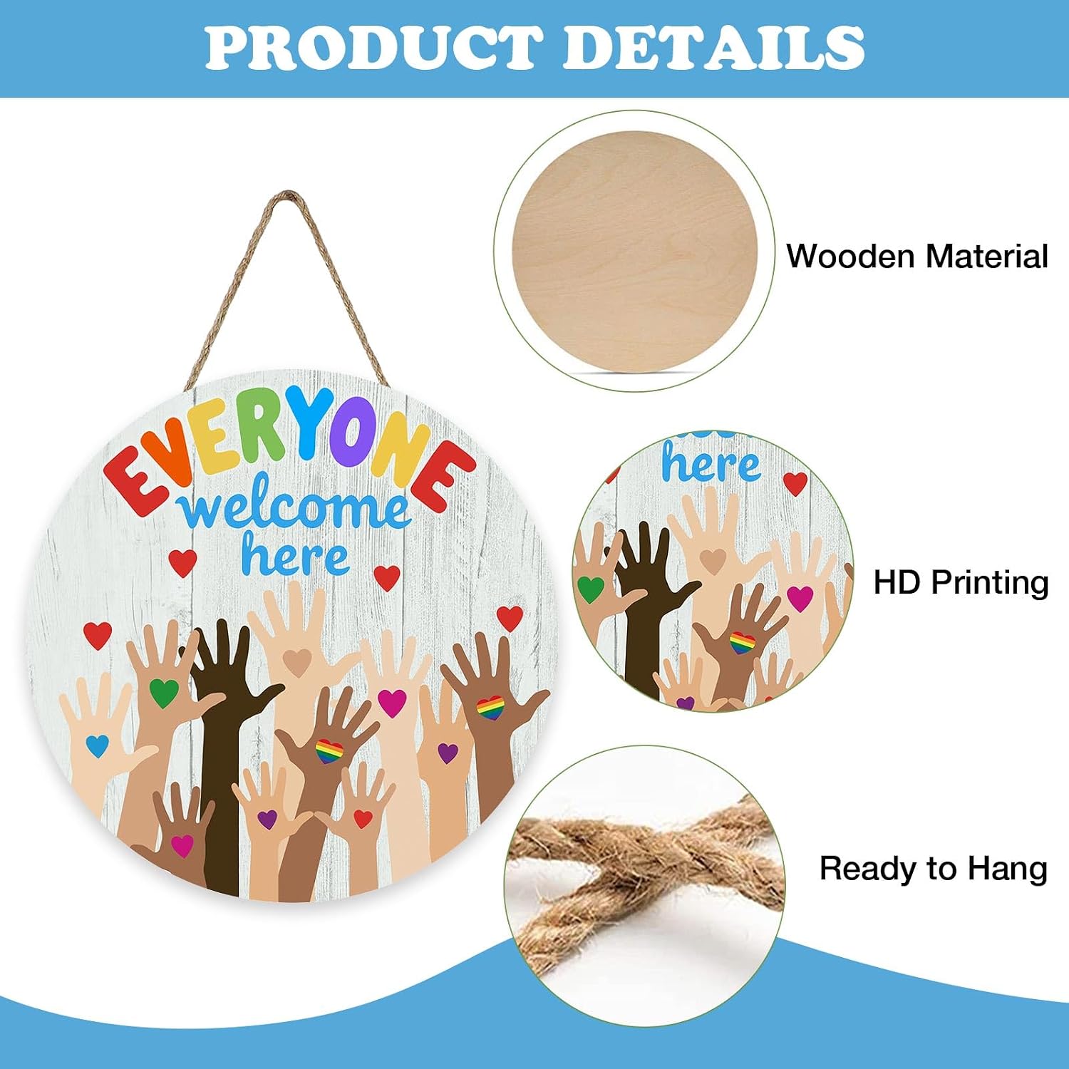 Everyone Welcome Here Equality Front Door Sign, Pride Rainbow Love Peace Kindness Wood Plaque Hanger Outdoor Porch Home Decor, Inclusion Diversity Wooden Wreath Indoor Wall Hanging Decoration