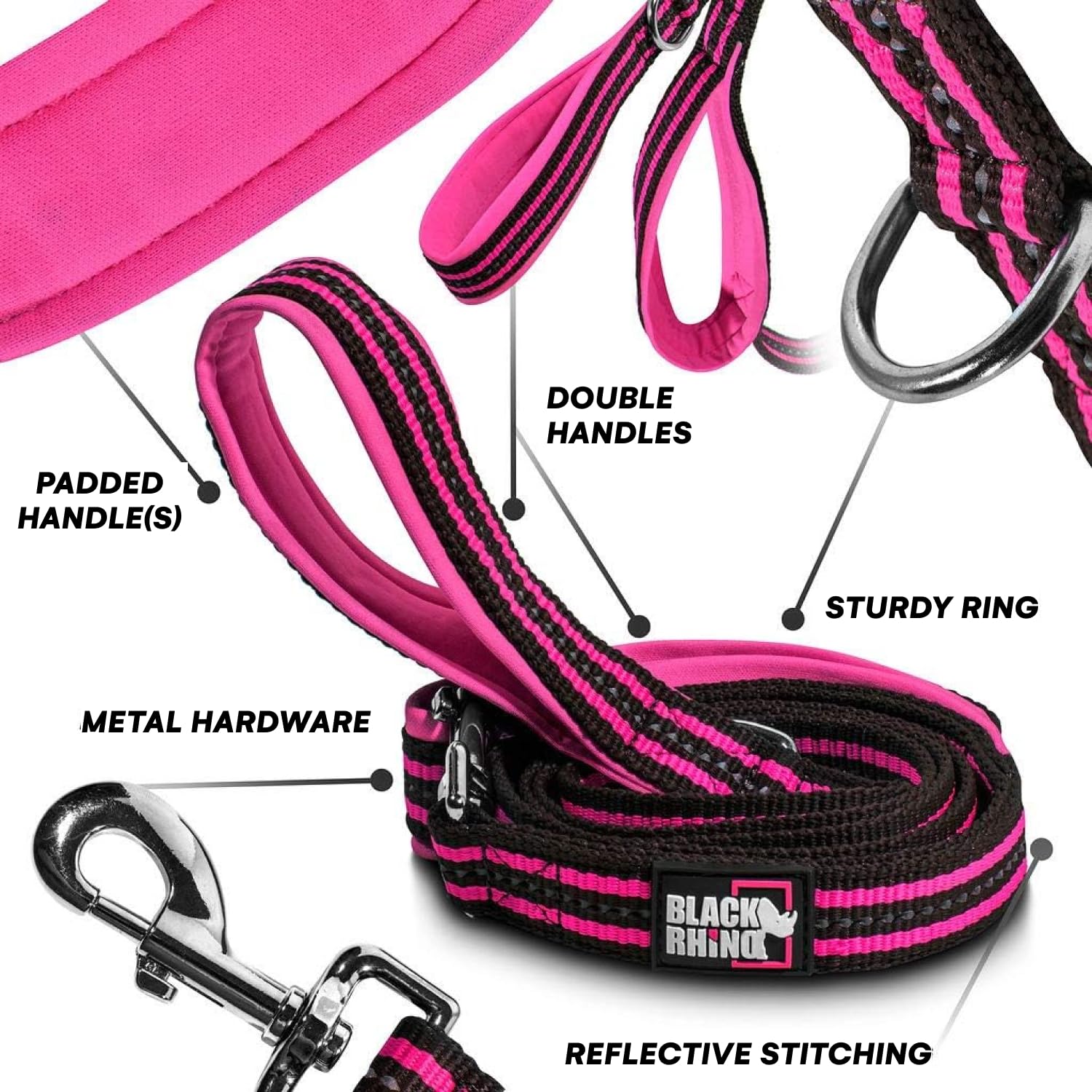 Black Rhino Hundeleine 1,5 M – Robust, Gepolstert & Reflektierend Für Große Hunde, In Rosa/Schwarz