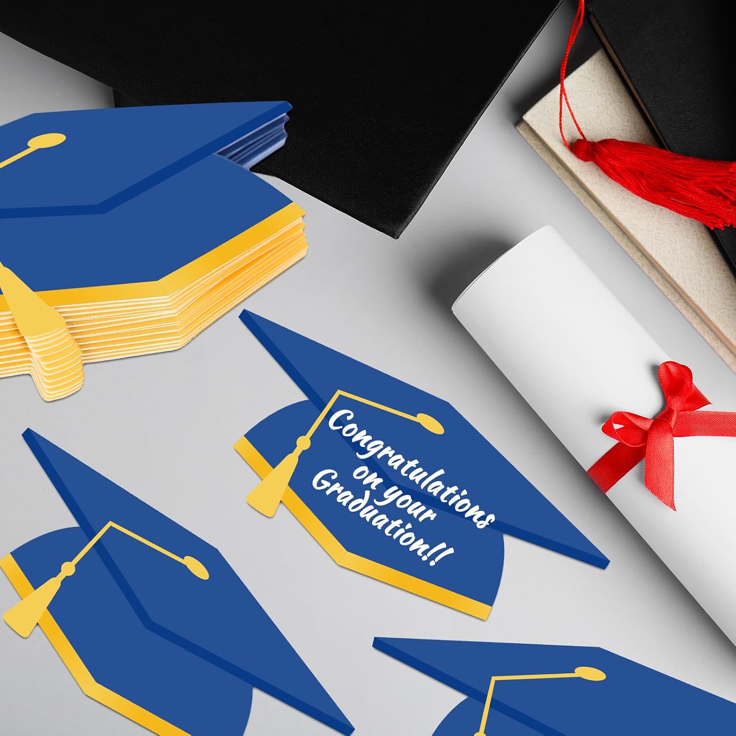 Whaline 50 Pcs Graduation Hat Cutouts Blue Grad Caps Tassel Paper Cutting Bulletin Board Decoration with 100 Pcs Glue Points for Graduates Party Classroom Name DIY Crafts