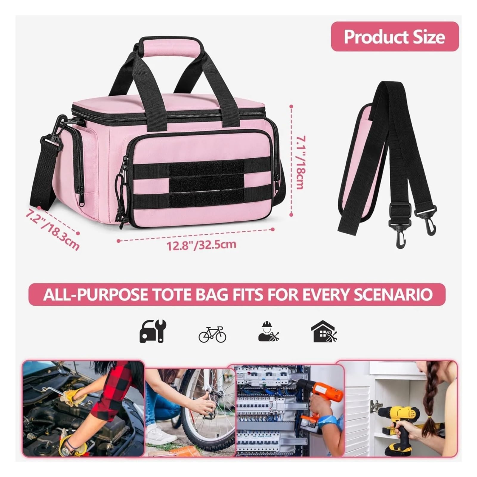 Borsa porta attrezzi rosa da donna, organizer portaoggetti con fondo anti-attrito for elettricista, falegname, riparatore