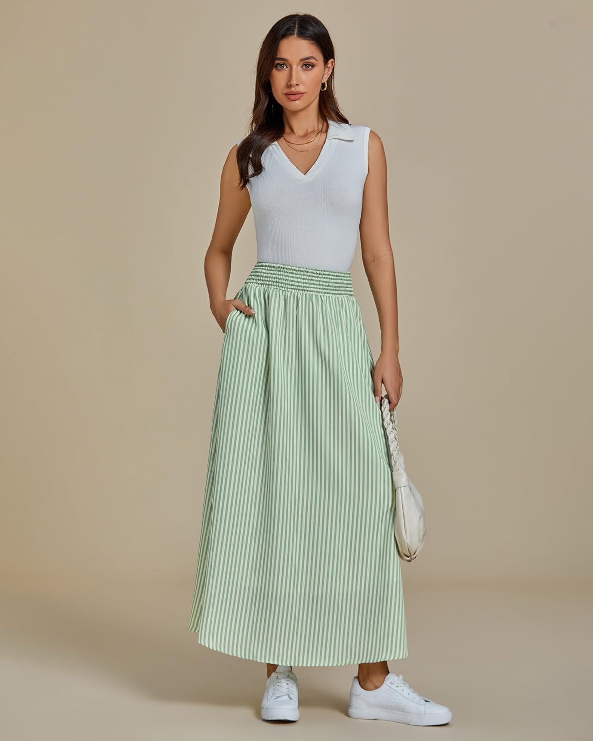 luvamia Striped Skirts for Women Maxi Long Flowy Trendy Smocked Elastic Waist Summer Beach Vacation Skirt with Pockets - Image 6