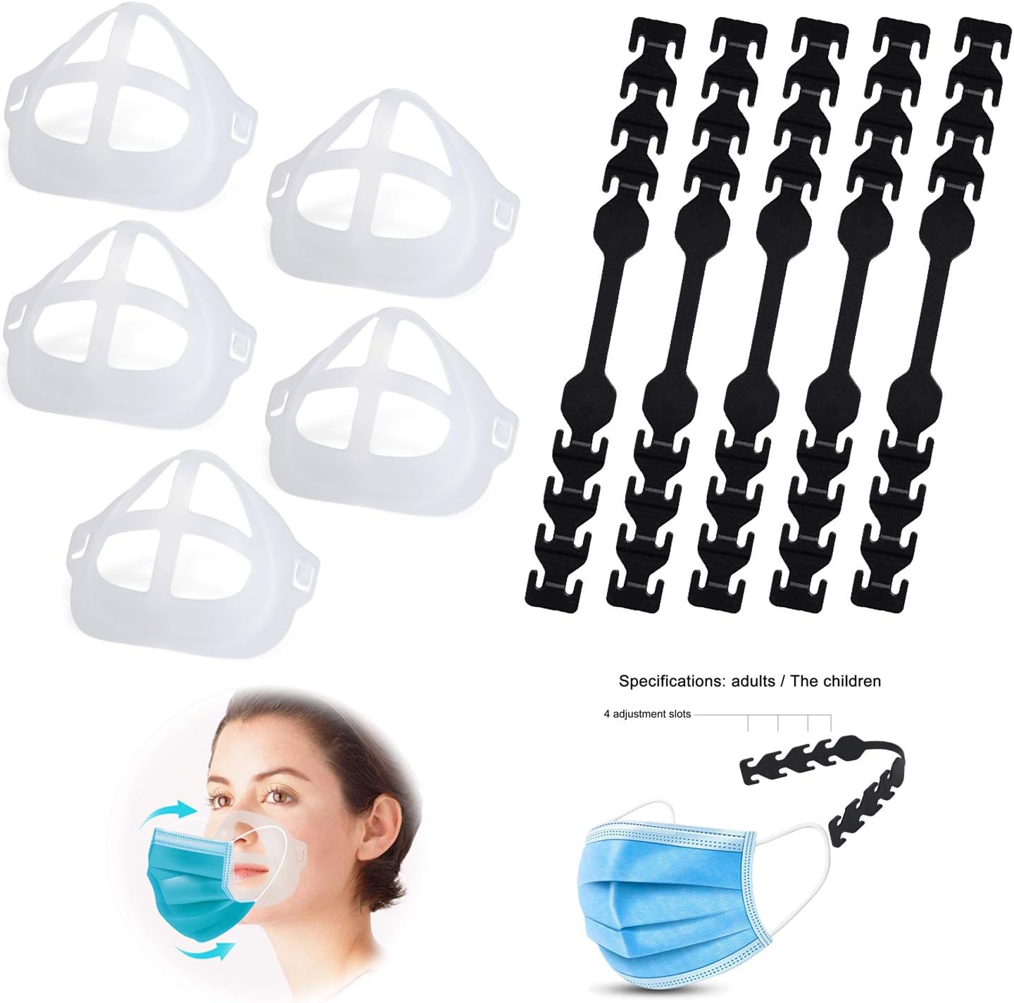 Jisoncase Adjustable Mask Extender Ear Saver Protector for Mask, Anti-Slip Comfortable Nose Mouth Pad Lipstick Makeup Saver For Women Men Children (10pcs, Black+Clear)