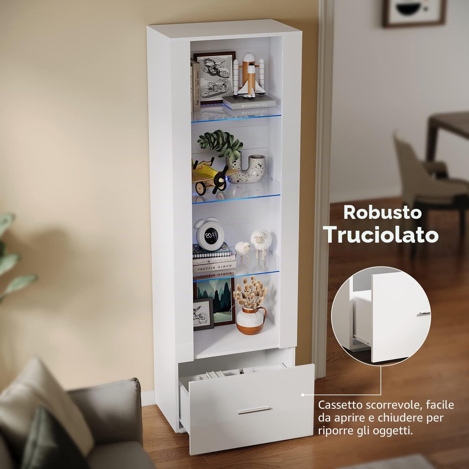Vetrina per soggiorno, vetrina in vetro bianco, 550 x 350 x 1720 mm, con illuminazione LED blu