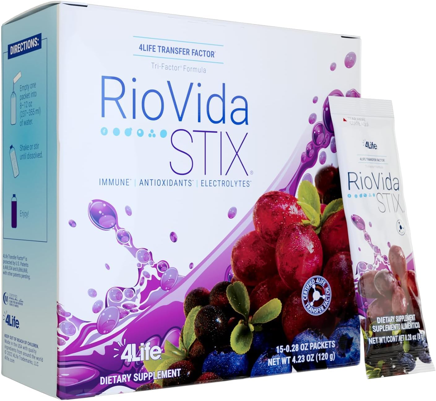 Transfer Factor RioVida Stix Tri-Factor Formula, Supports Immune System with Elderberry, Blueberry, Pomegranate and Acai - 15 Packets