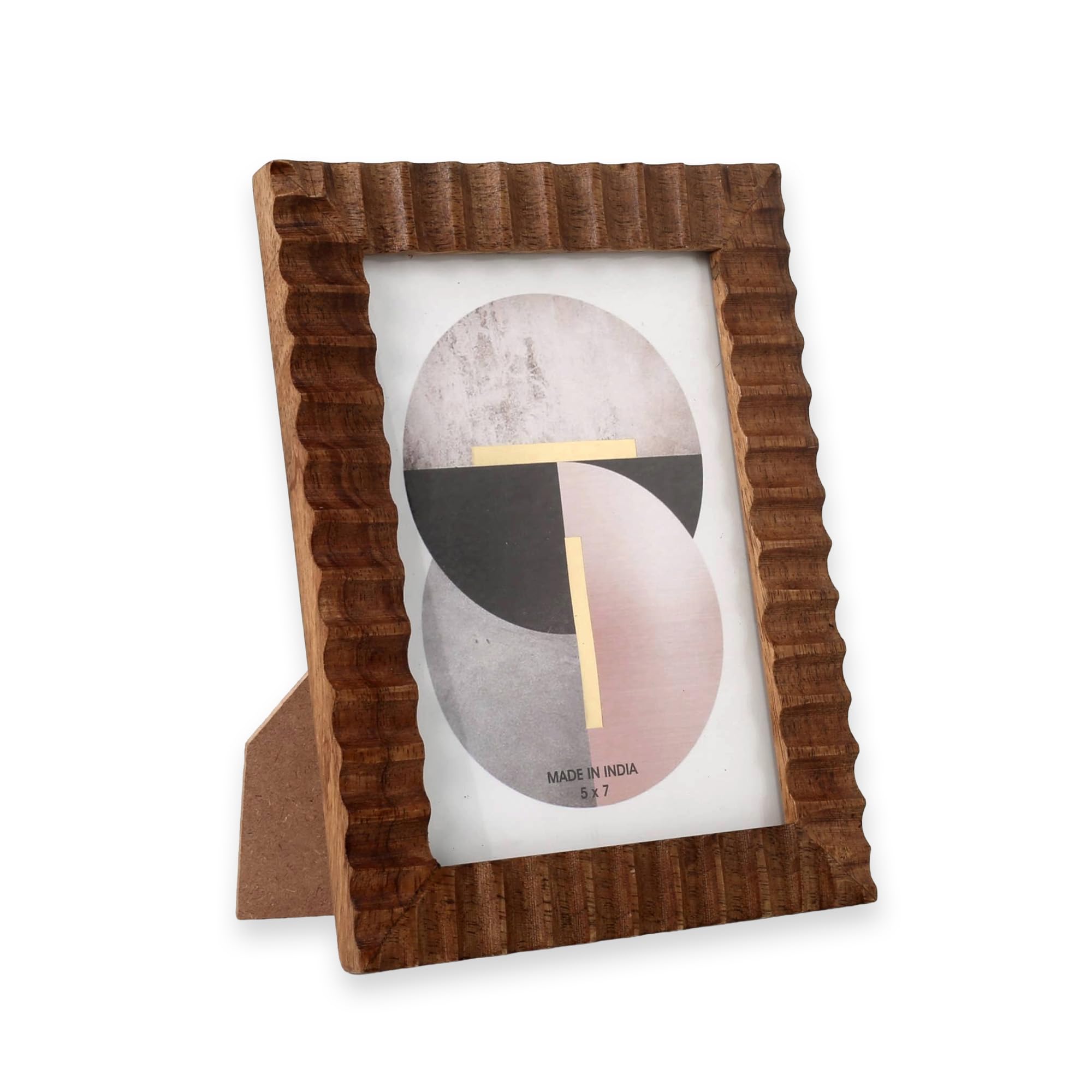 Edzzel Brown Rustic Ribbed Hand-Carved Wood Picture Frame, 5X7 Natural Textured Wood Photo Frame With Grooved Border, Bohemian Farmhouse Home Decor For Tabletop & Mantel, Made In India