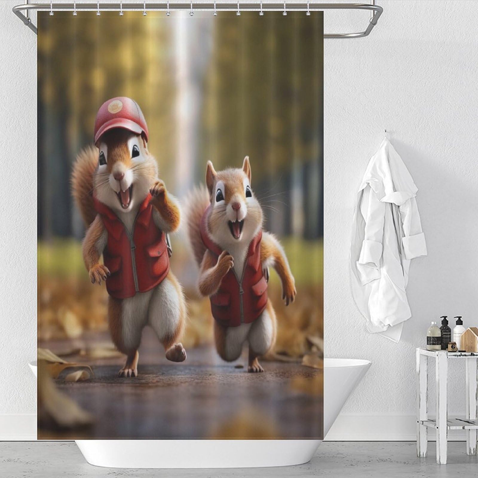 Rideau de douche écureuil imperméable 122x183 cm avec 12 crochets pour baignoire