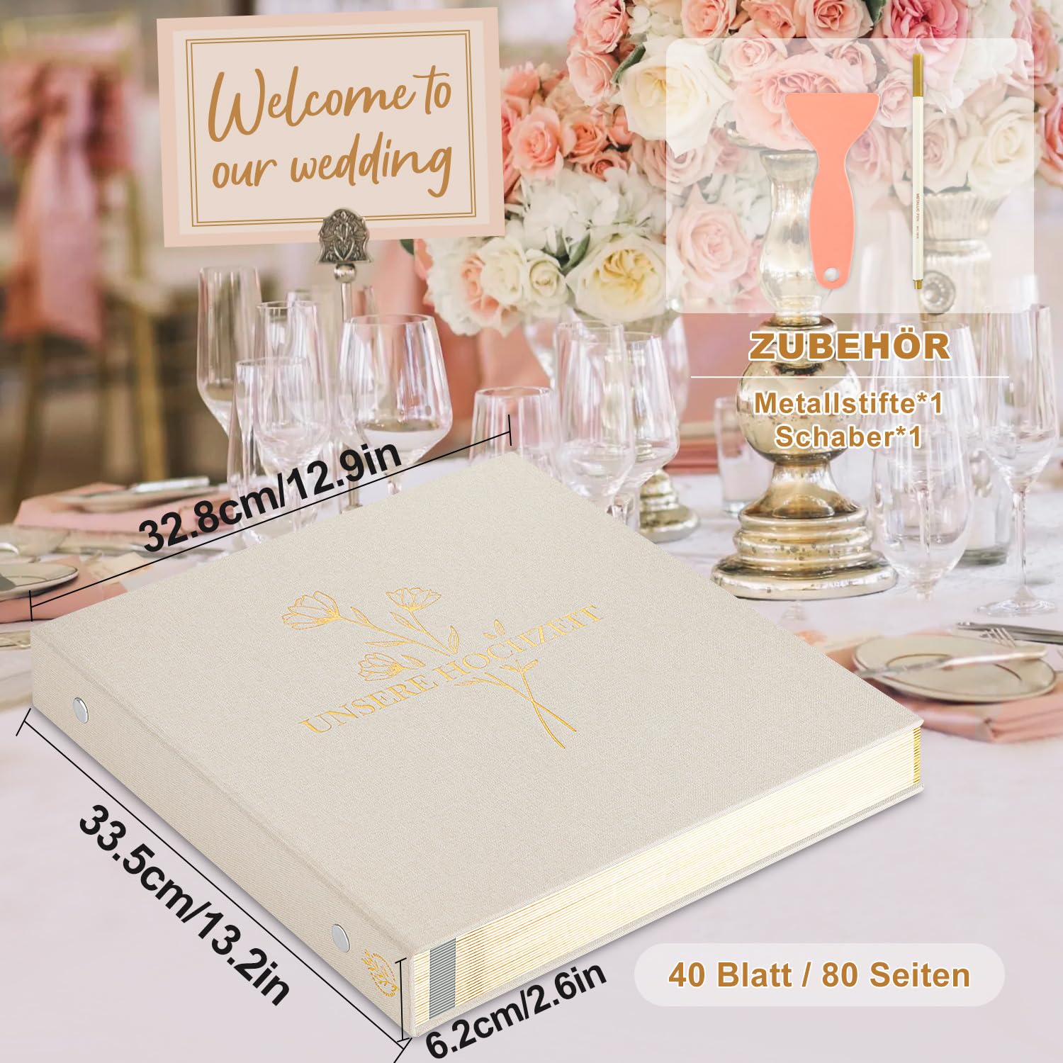 Lanpn Album fotografico autoadesivo per matrimonio, in lino, grandi pagine bianche, per matrimonio, fai da te, con penna, 10 x 15, 13 x 18 foto (grandi, 40 fogli/80 pagine, beige)